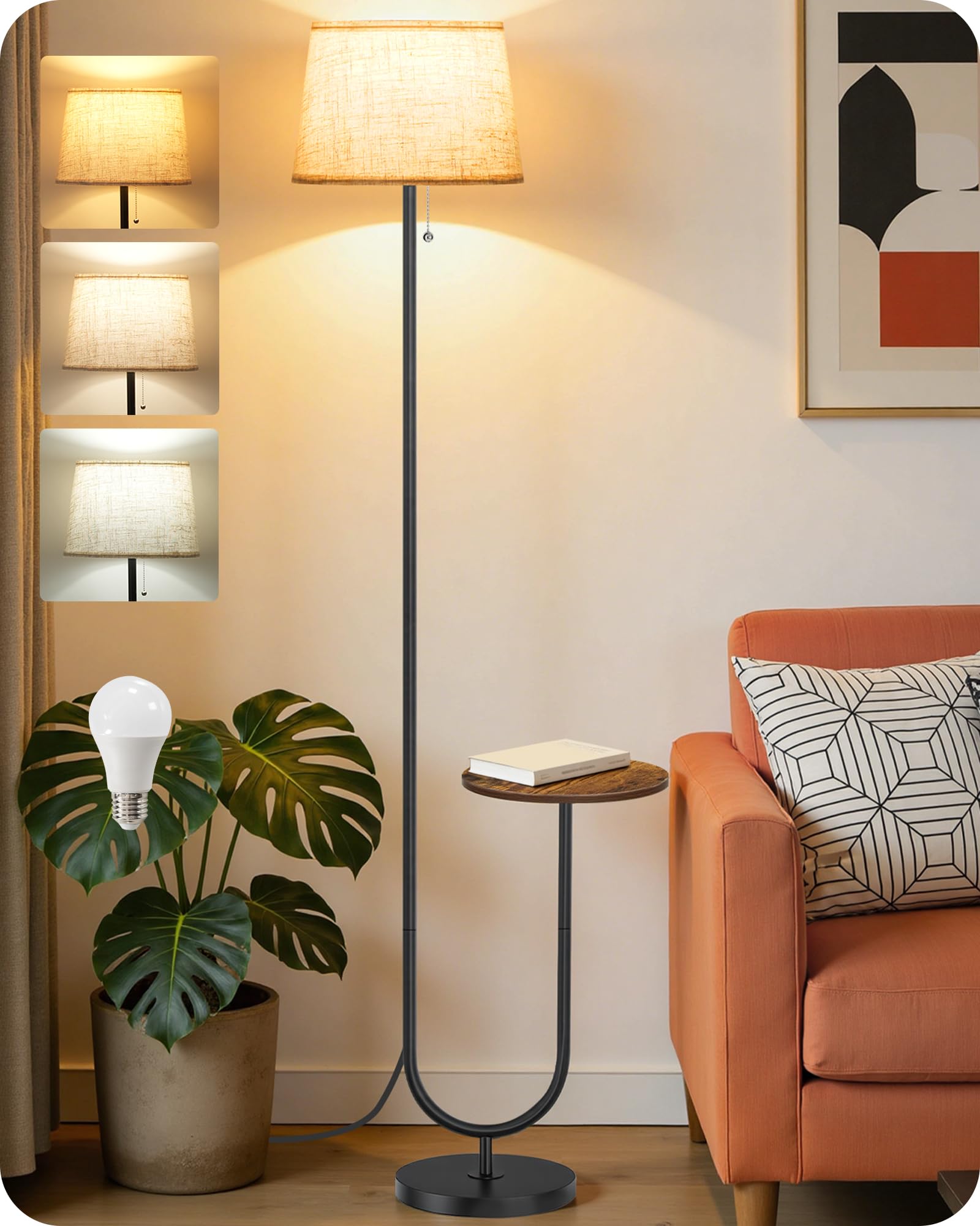 GOEBLESON Floor Lamp with Side Table, Standing Lamp for Living Room with Tray, Pull-Chain Switch, for Living Room, Bedroom, 3 Co