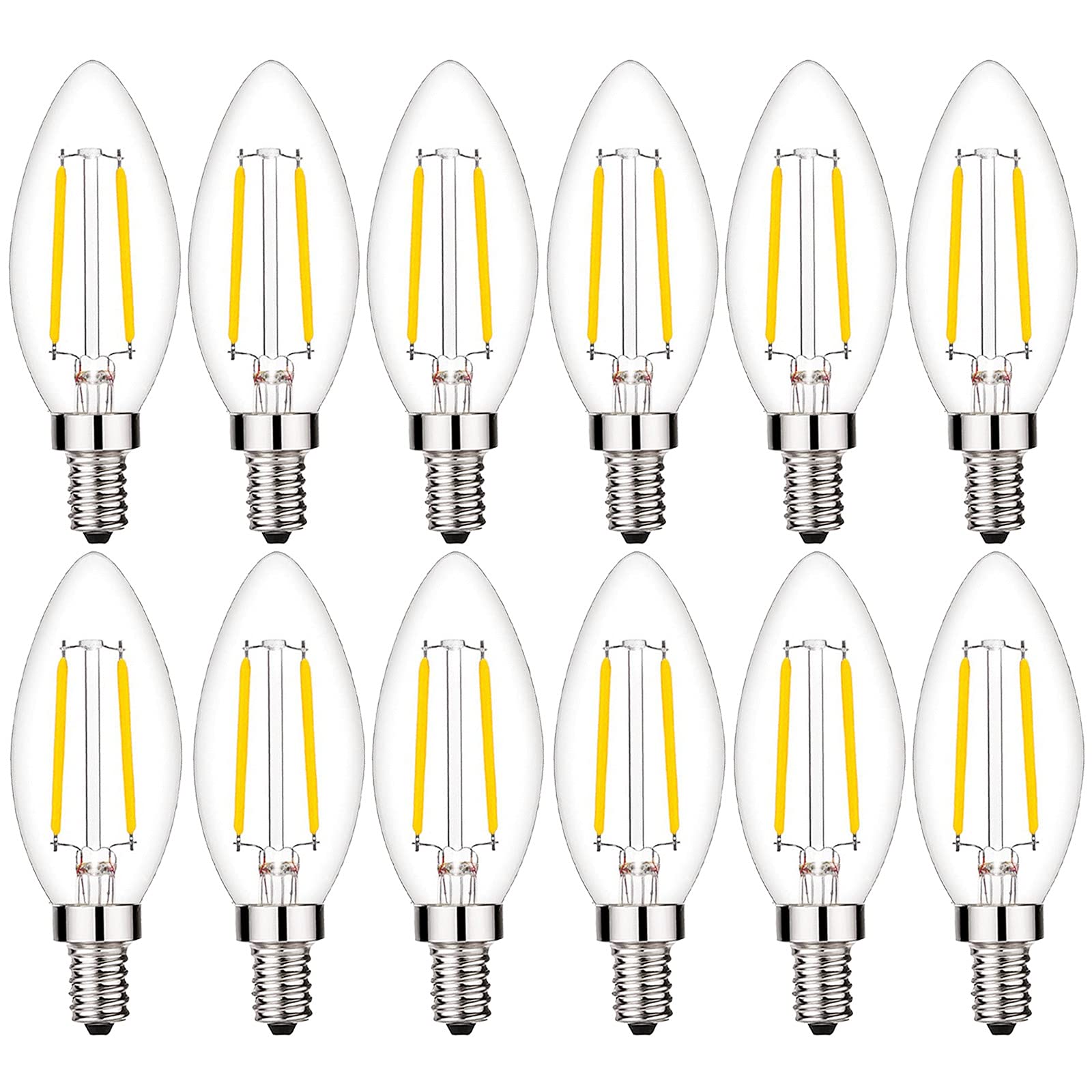 Beonllay 25 Watt Equivalent Type B11 Light Bulbs Candelabra Base Warm White 2700K, 2W E12 Led Bulb Clear Glass, 12 Pack