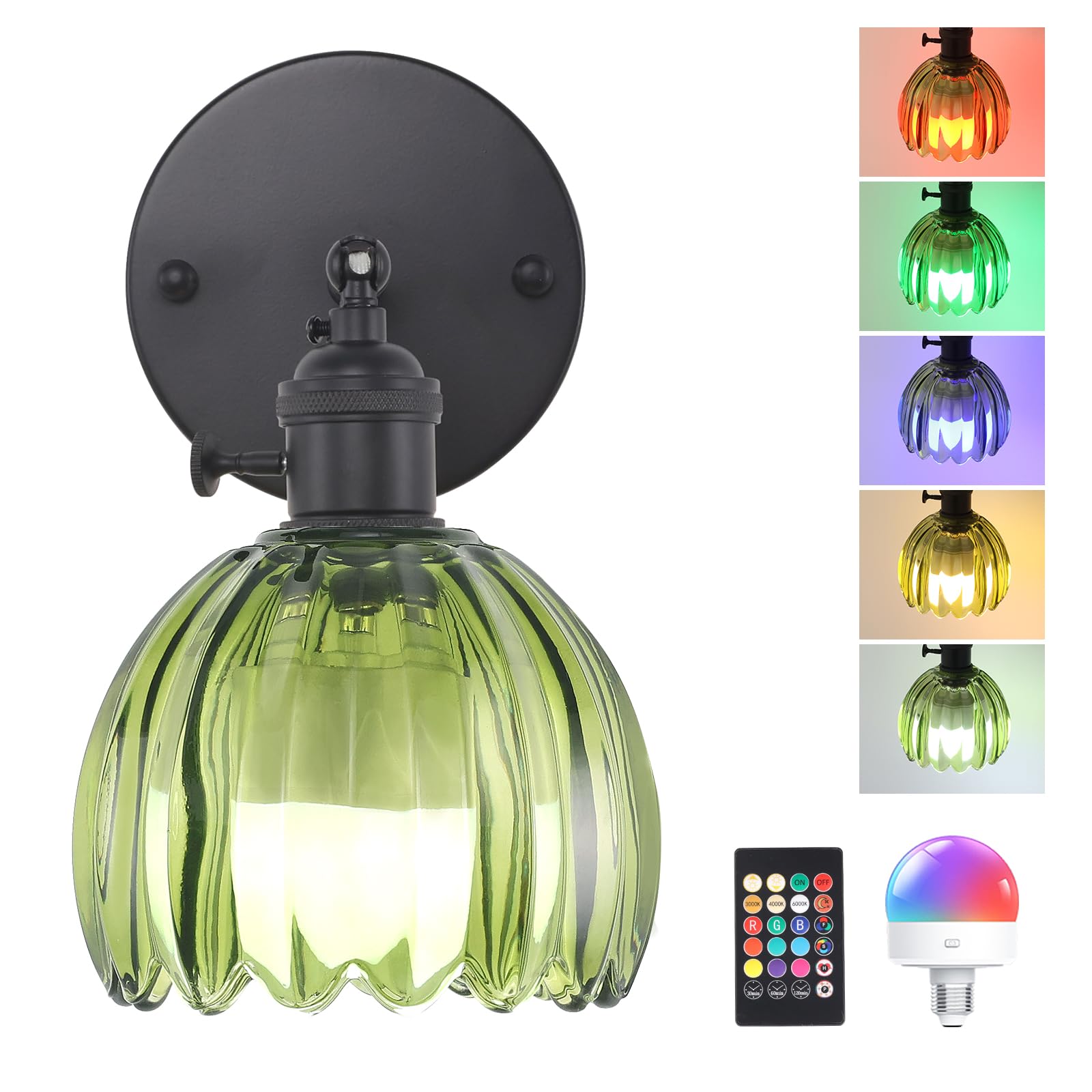 Shenmoyl Vintage Wall Sconce - Battery Operated, Green Tulip Glass, Black Base, Model 1-93318, Wireless with Remote Control
