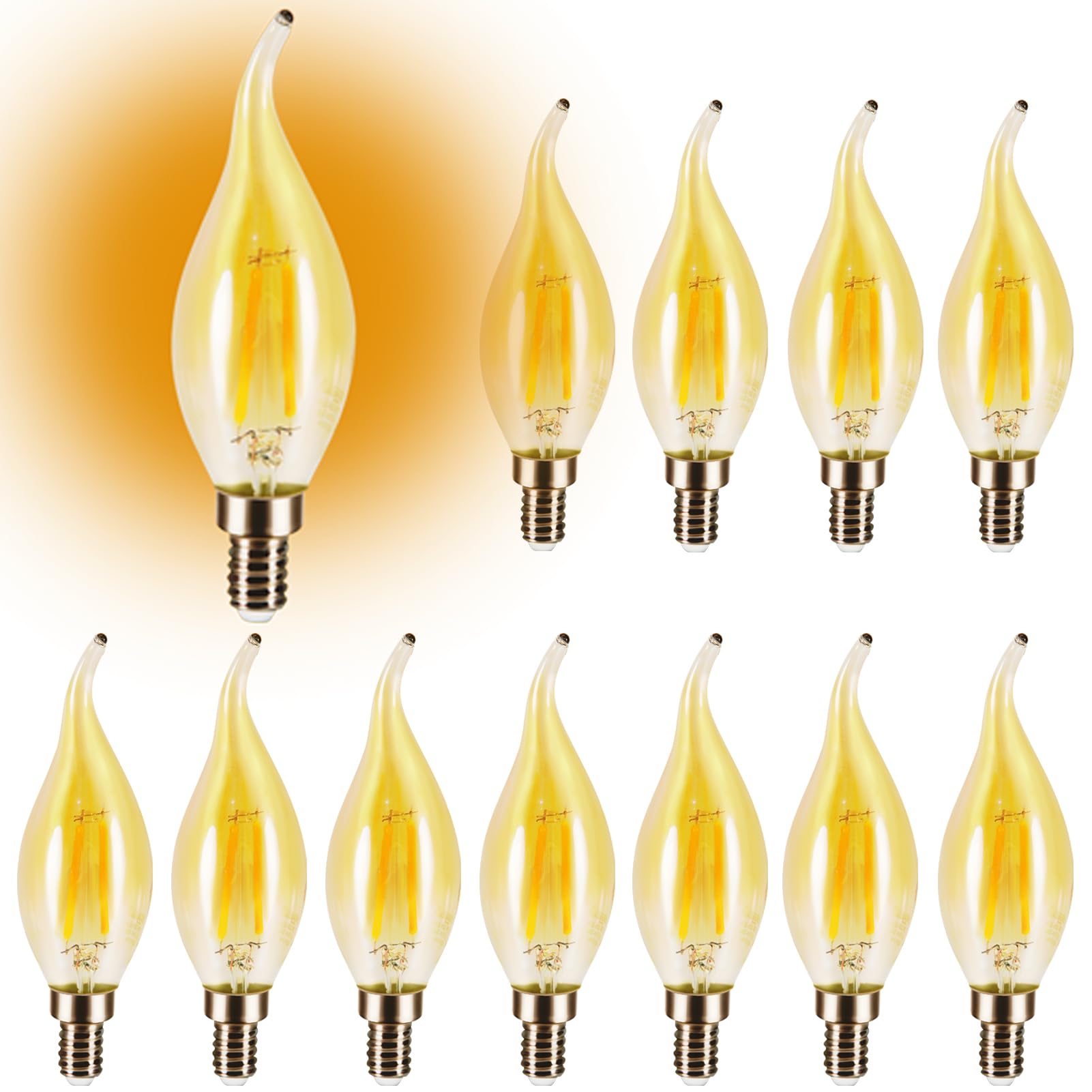 Cooggalan E12 Amber Candelabra Led Light Bulb Dimmable, 25 Watts Equivalent Flame Tip Chandelier Light Bulbs Ca11 2W, Filament D