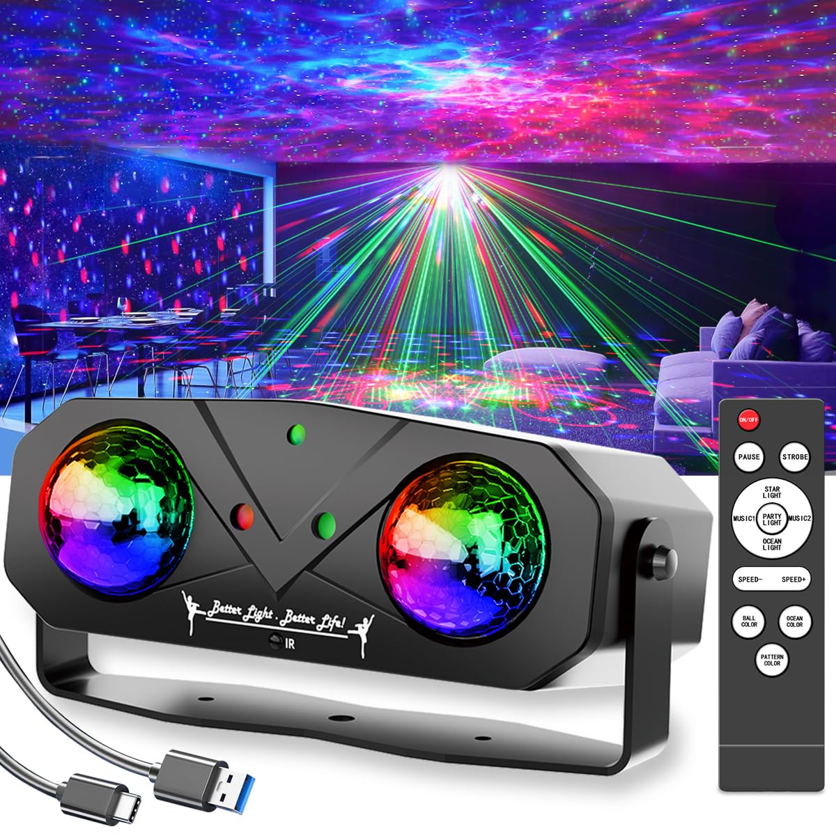 Party Light Disco Ball Light Dj Light Disco Light Ocean Light Star Light Projector Dance Light Sound Activated With Remote Contr