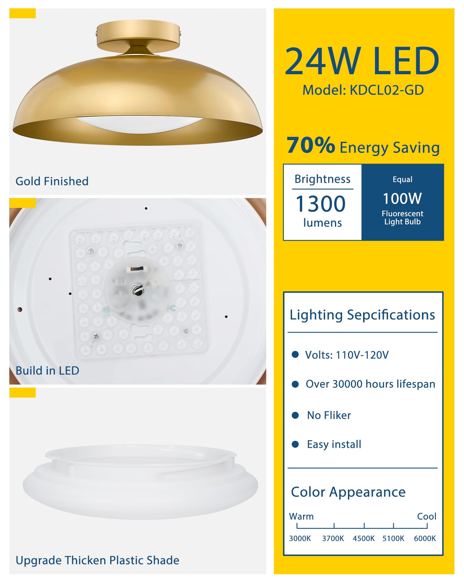 Kudos Gold Semi Flush Mount Ceiling Light, 16 Inch Led Ceiling Light Fixtures, 23W/1300Lm Light Fixtures Ceiling Mount, 5Cct Adjustable, Kdcl02-Gd