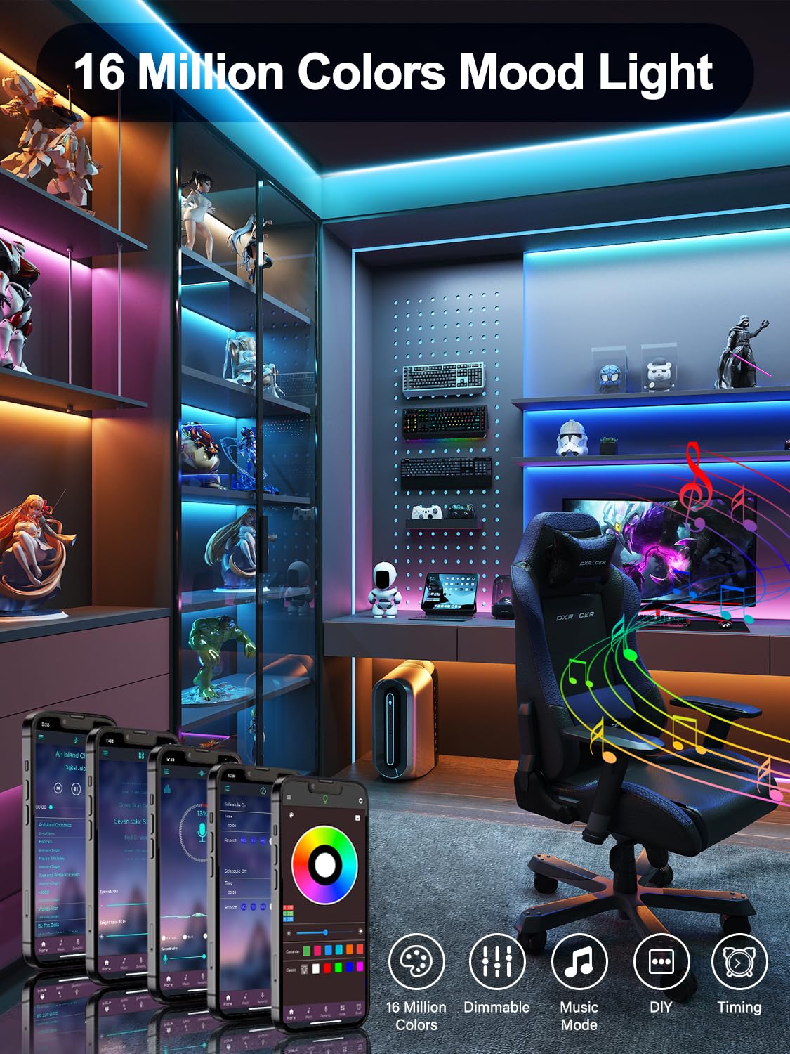 Ganzqh Led Lights For Bedroom 400Ft Rgb Led Strip Lights Music Sync Color Changing ,Diy Led Light Strip With Remote, App Control