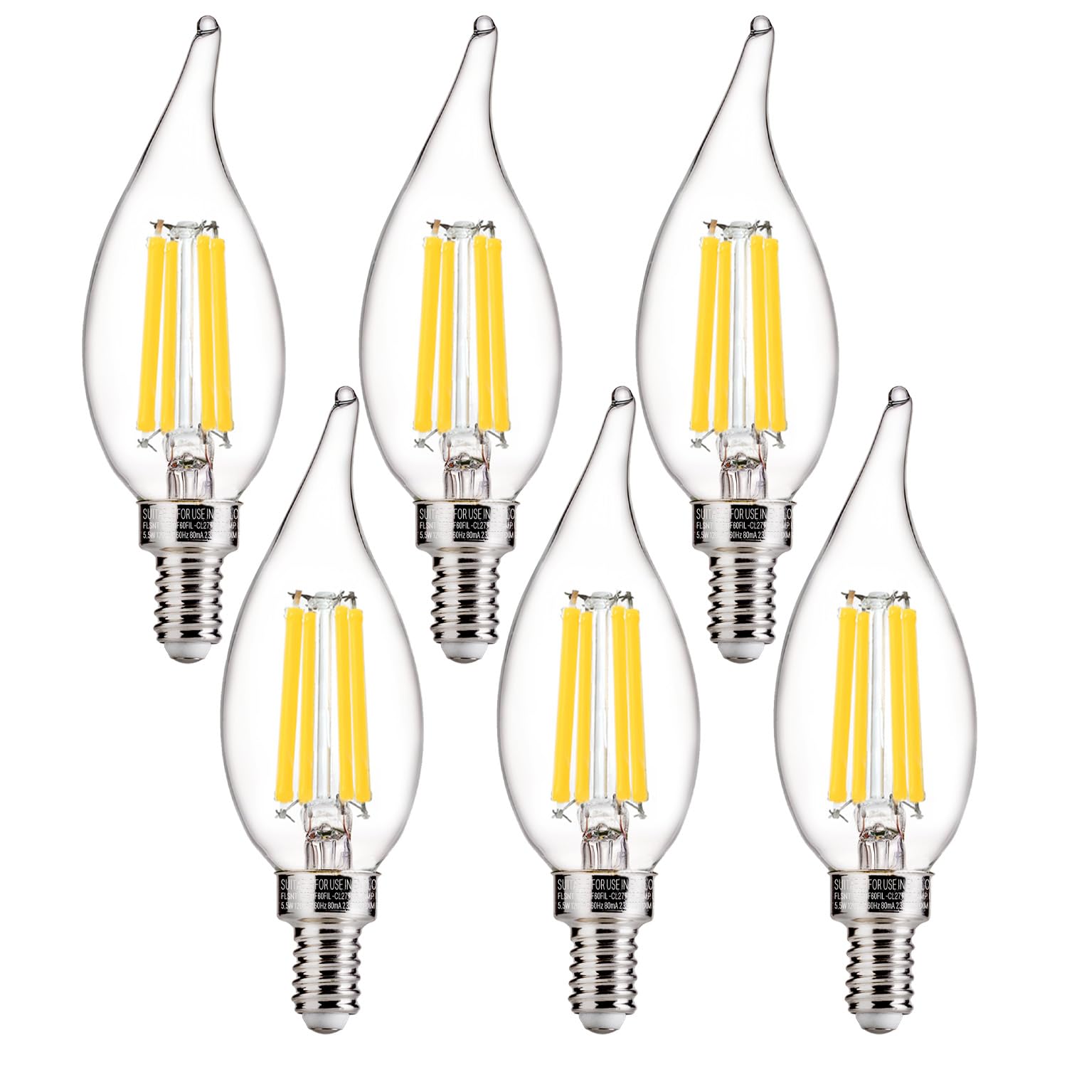 FLSNT LED Candelabra Light Bulbs, CA11 E12, 100W Equivalent, 5000K Daylight, Dimmable, 6 Pack, Glass