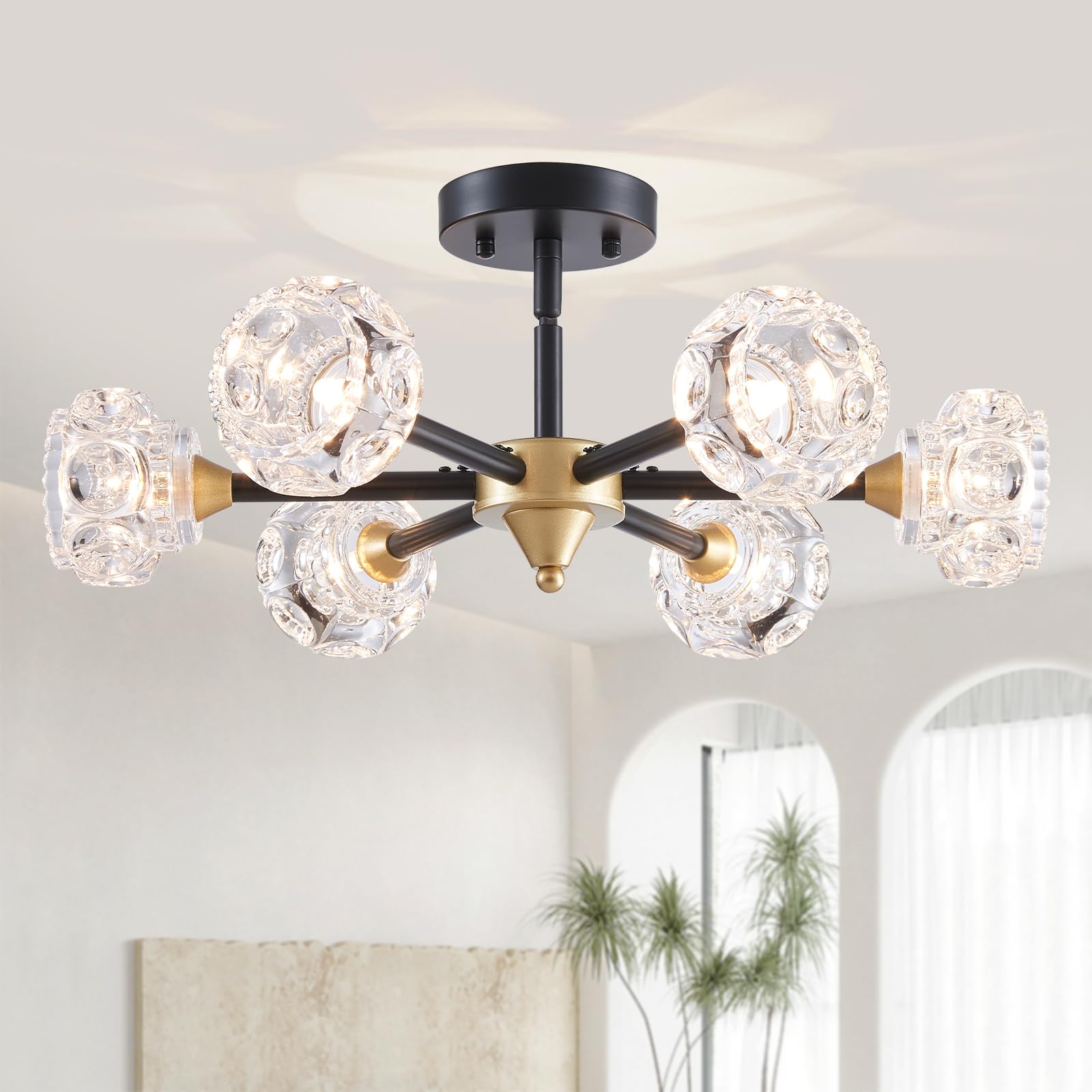 XINGQI Modern Ceiling Light 6 Lights Semi Flush Mount Sputnik Ceiling Light Fixture Black Gold Chandeliers for Bedroom  Dining Room  Farmhouse Kitchen  Office