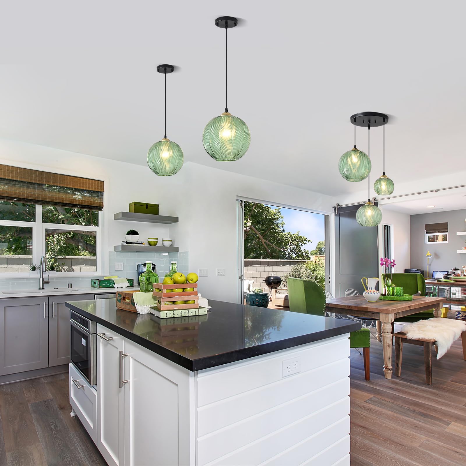 Testoys Green Glass Pendant Light, Single Large Globe Pendant Lighting 9.8-Inch Nordic Ribbed Ceiling Hanging Modern Ball Chande