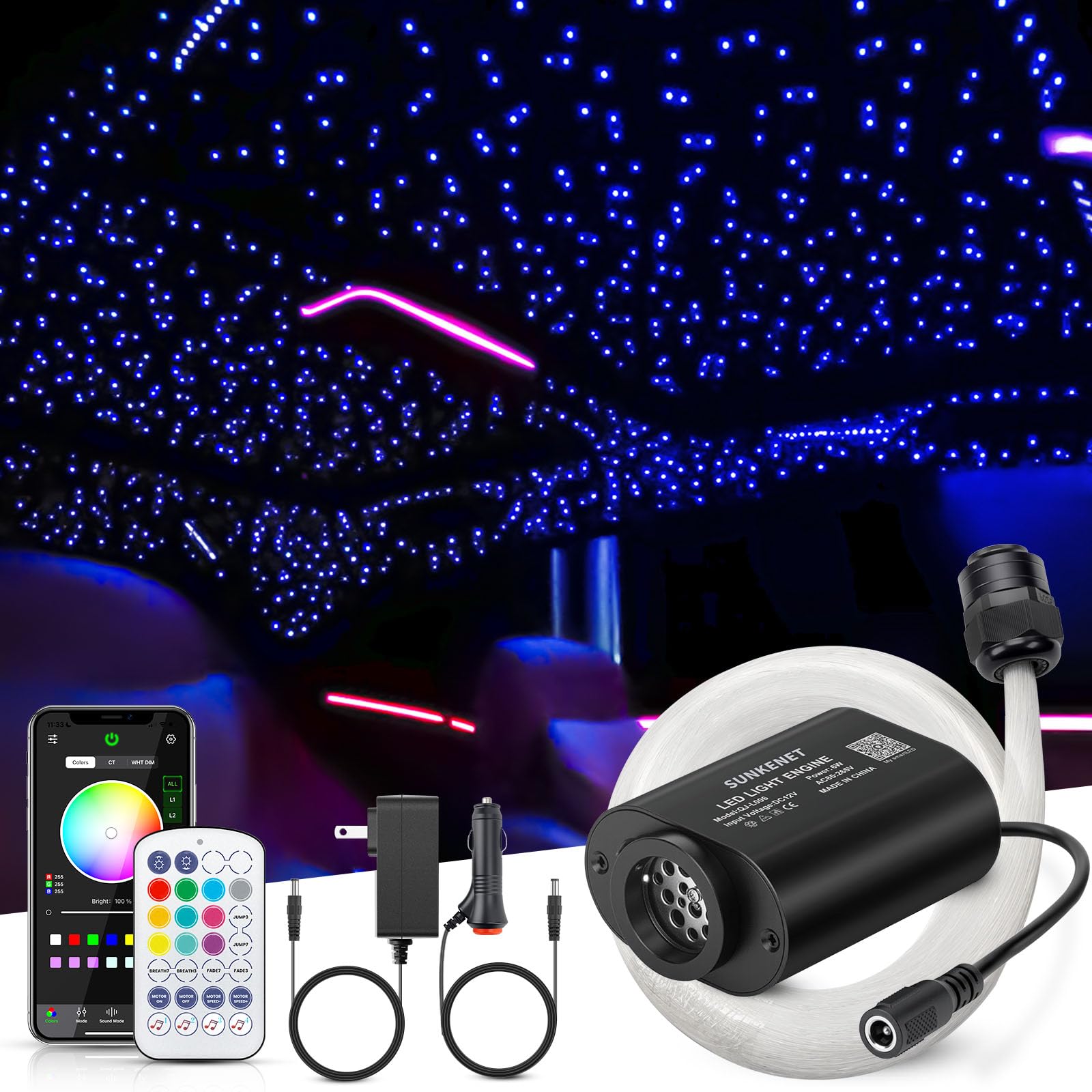 SUNKENET 6W Mini Size Twinkle 650pcs*0.03in*9.8ft Starlight Headliner Kit  Star Lights for Car with Bluetooth APP/28key Remote Control/Music Effect  RGBW Fiber Optic Lights for Home Ceiling
