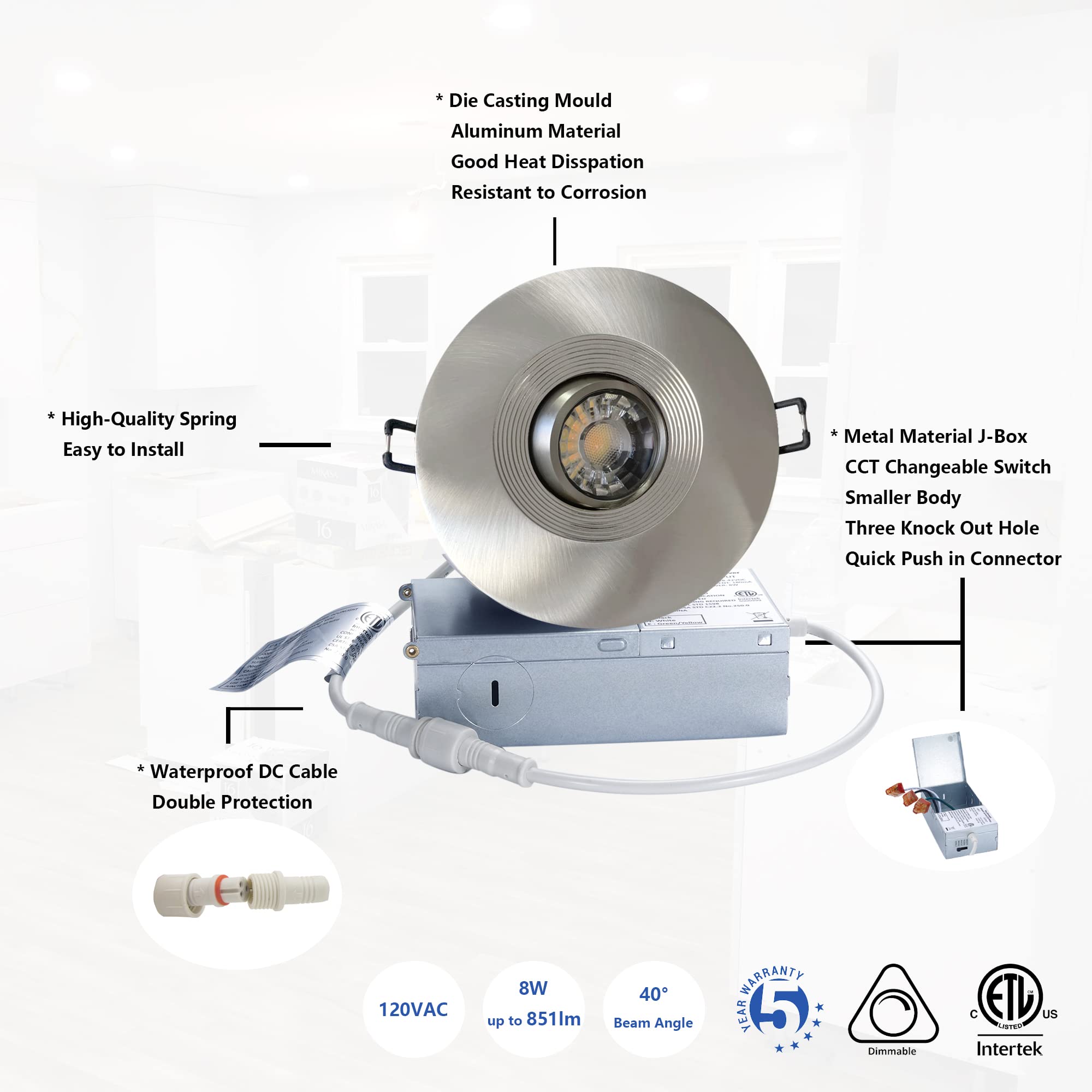 POPANU 4 Inch Canless Recessed Gimbal Downlight, Dimmable Brushed Nickel, 5 CCT Adjustable, Model 8414797653028