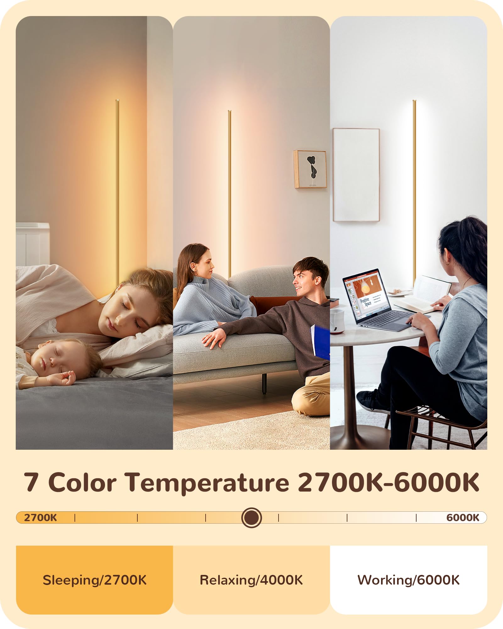 EDISHINE LED Corner Floor Lamp Set of 2, 57.5" Tall, Dimmable with Remote, 7 Color Temperatures, Gold, Model HFLCB2A
