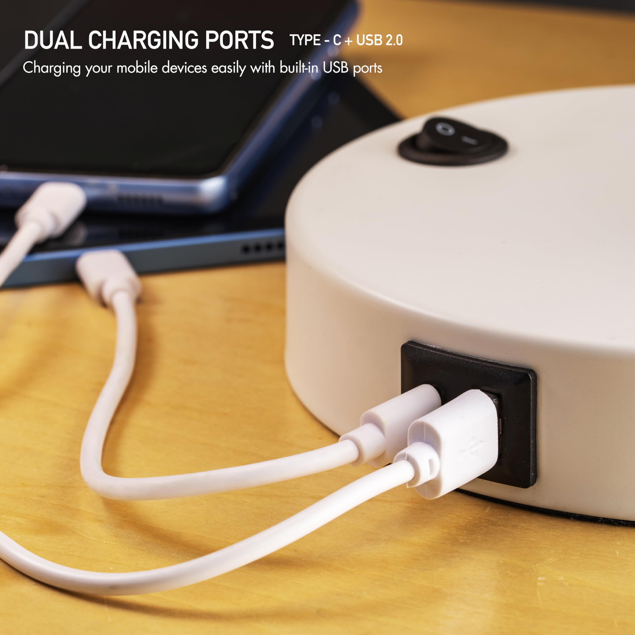 OBright LED Desk Lamp, 100% Metal, 270° Swivel Arms, Soft White Light, Dual USB Charging Ports, Model OB-DL03UC, White