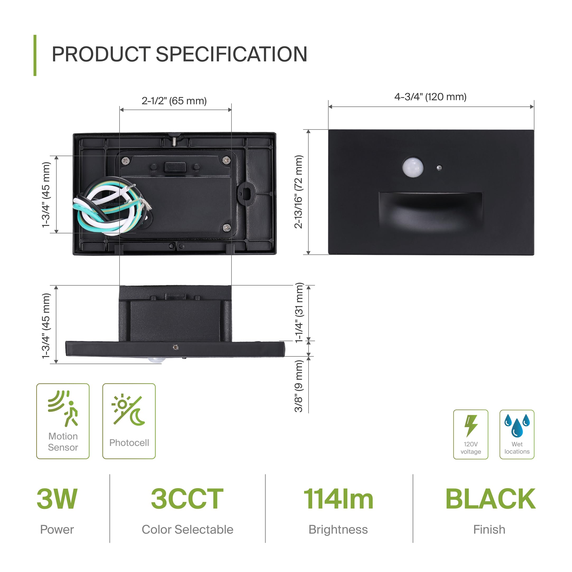 ASD LED Recessed Step Light Fixture, 3W 120LM, 3000K-5000K, Photocell & Motion Sensor, Black, 4 Pack