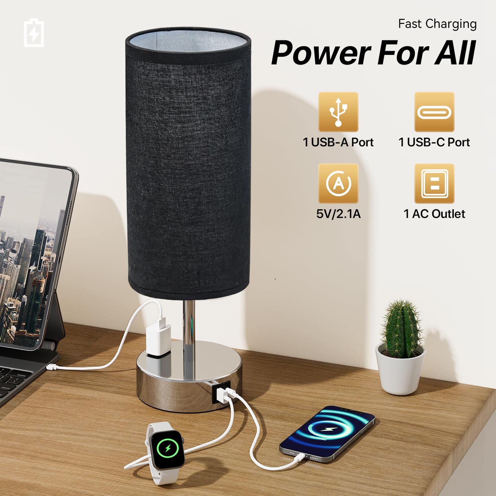 KPQ Touch Control Table Lamp with USB Ports, 3-Way Dimmable, 14in Small Size, Black Shade-Silver Base