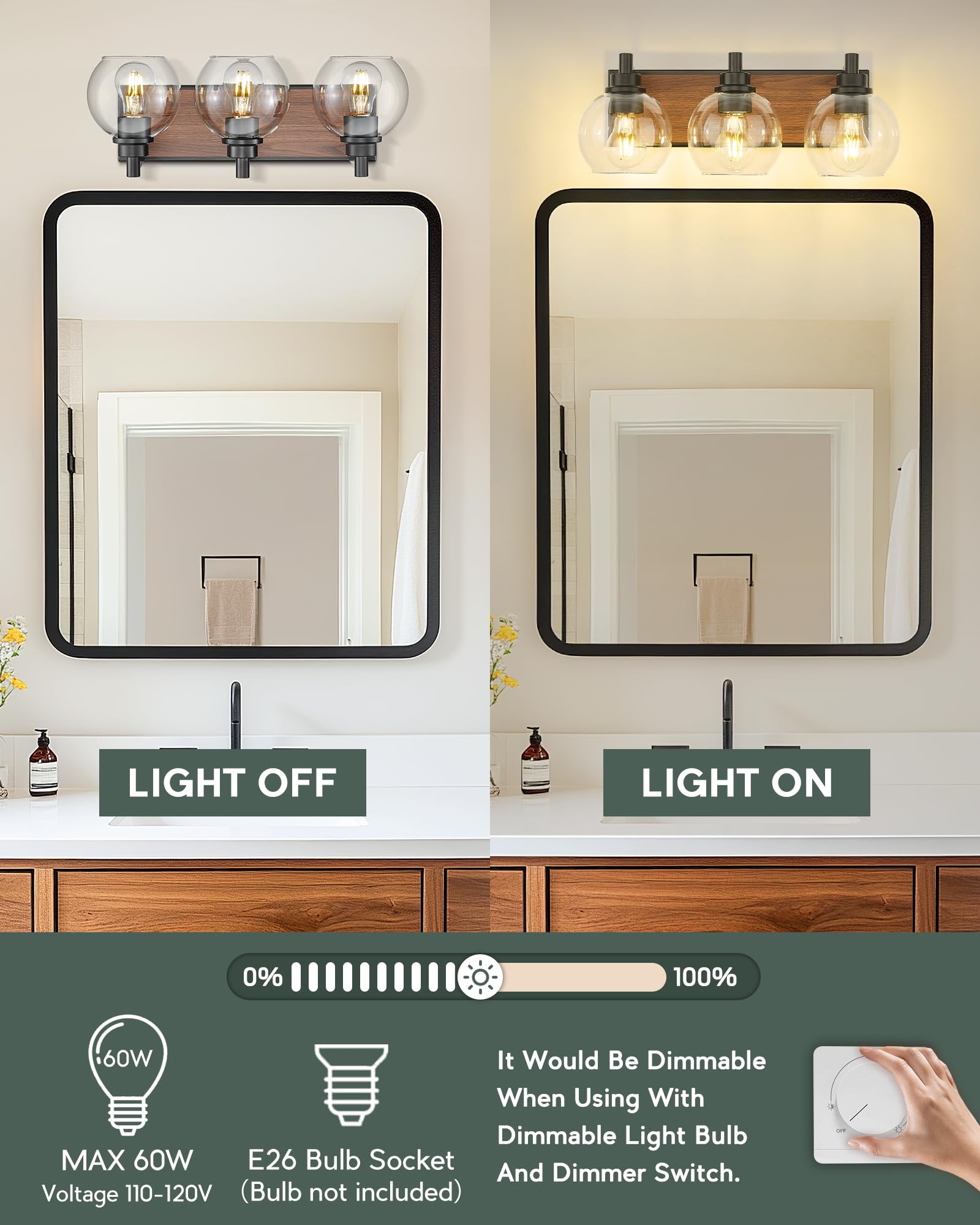 Metwet Bathroom Light Fixtures, 3-Light Black And Faux-Wood Finish Bathroom Vanity Light, Farmhouse Wall Sconces With Globe Clea