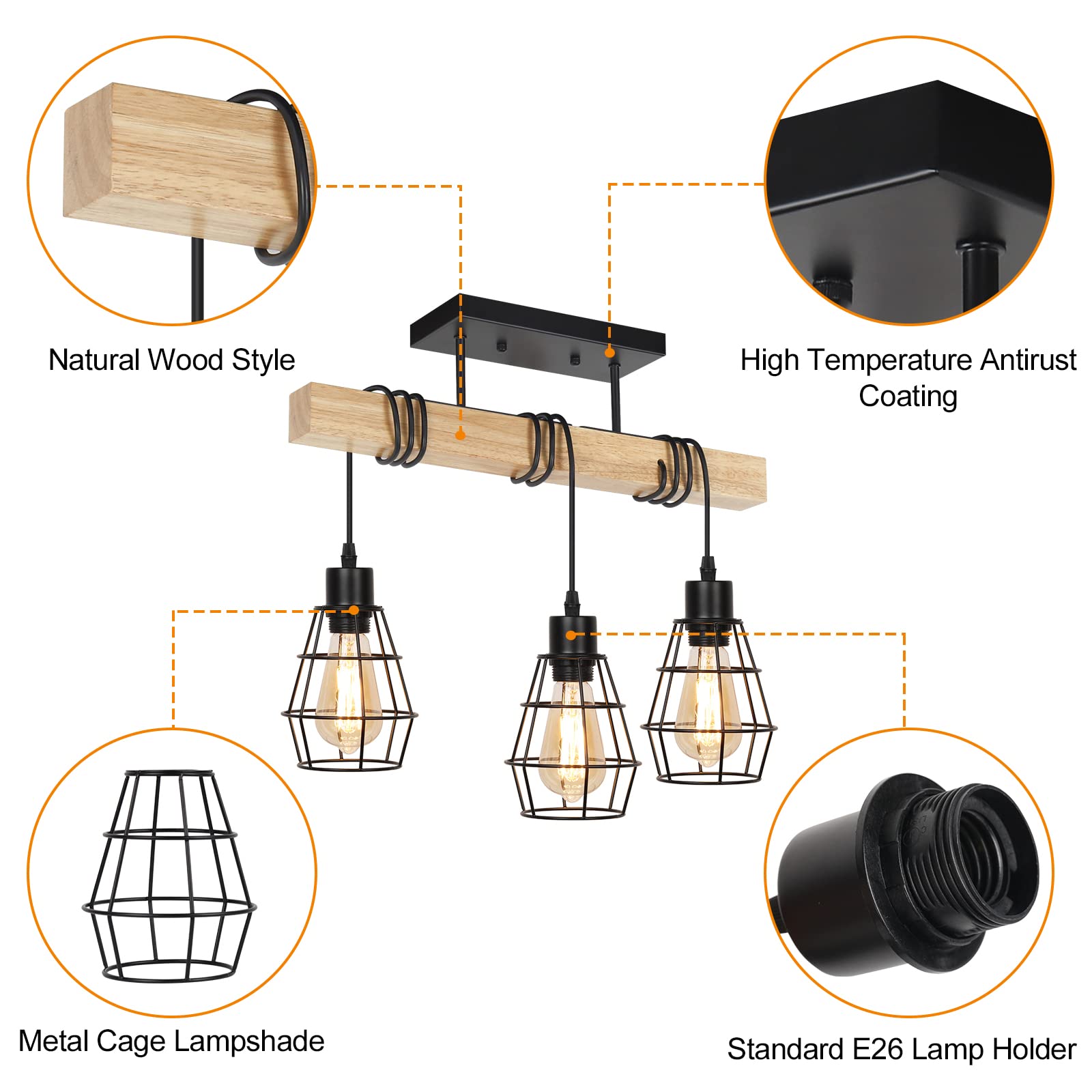JS NOVA JUNS 3-Light Semi Flush Mount Ceiling Light, Metal Cage, Solid Wood, Black, Model JS118