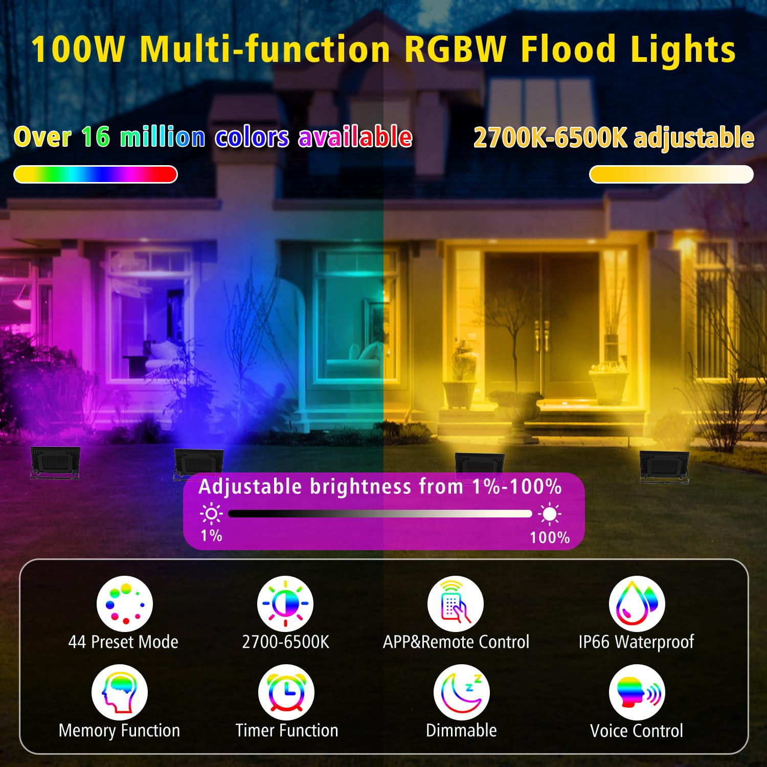 T-SUN RGB Flood Lights, 100W 2-Pack, Color Changing LED with APP & Remote, Waterproof, 16 Million Colors, Model TS-F42100-RGBCW-US-2