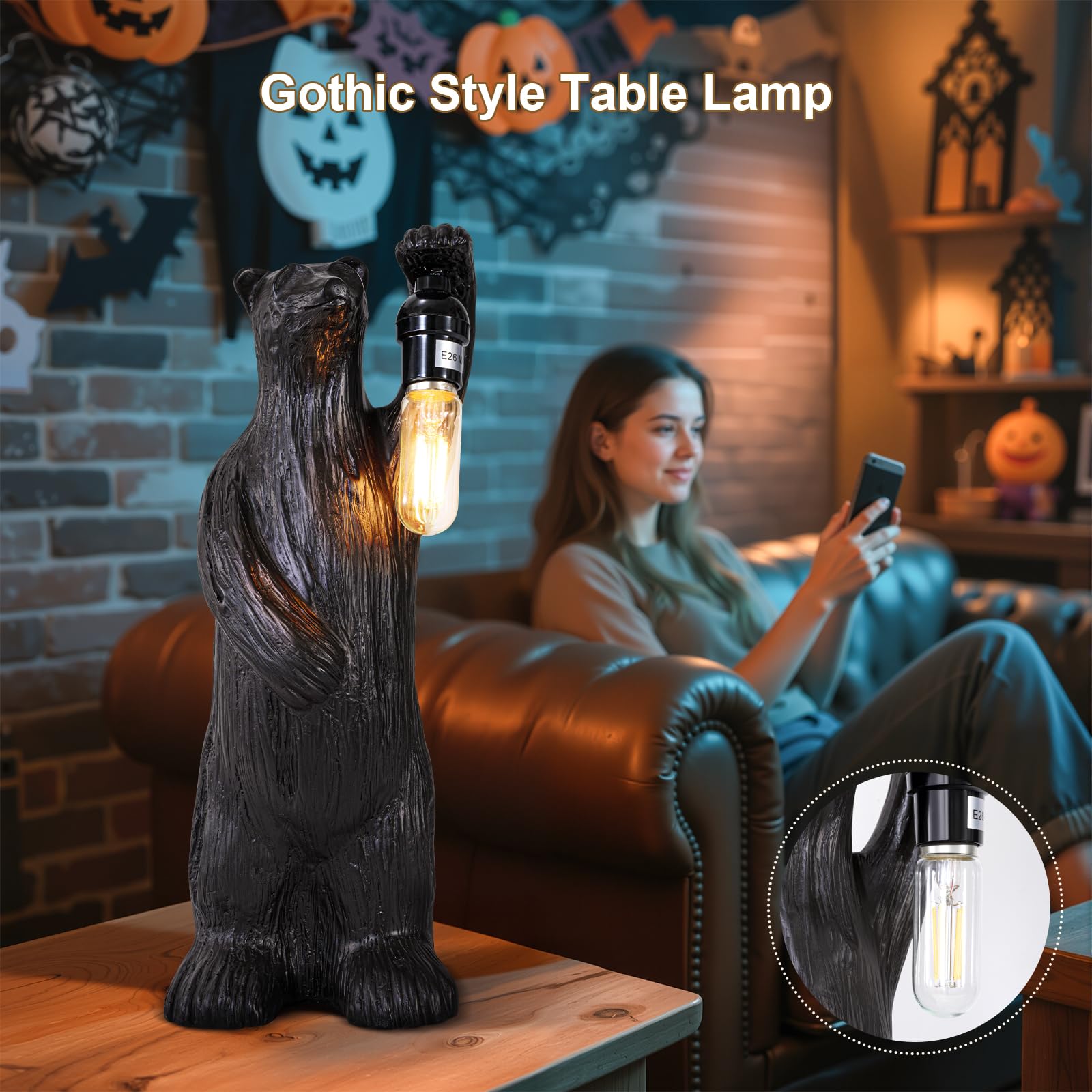 Scenekoy Bear Table Lamp For Living Room Bedroom, Memory Function, 3 Way Cycling Dimming, Resin Gothic Style Bedside Nightstand