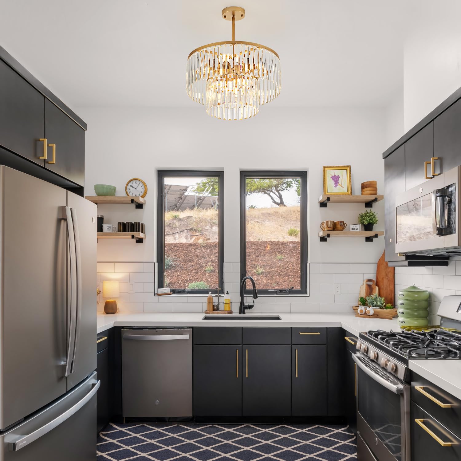 Lighceac 17.7 Gold Semi Flush Mount 2-Tier Crystal Ceiling Light Fixtures For Dining Room Modern Industrial 8-Light Chandeliers Lighting For Bedroom Entryway Hallway Kitchen Island Living Room Foyer