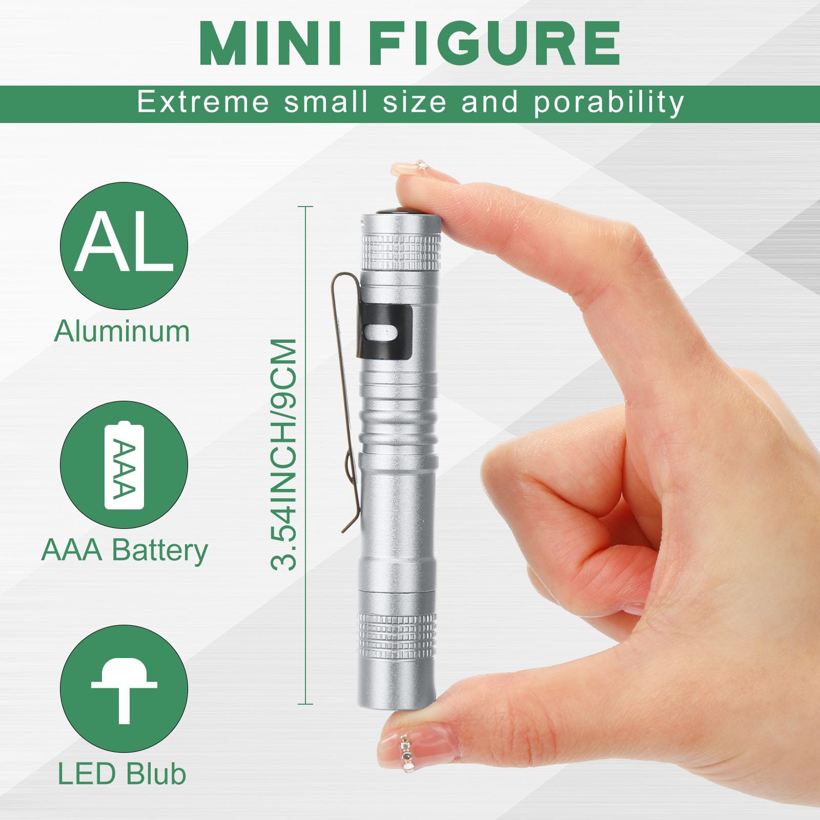 Hortsun Mini Pen Light Flashlights, 3.54 Inch, 20 Pcs, LED Pocket Torches, Color Options: Black, Green, Brown, Silver White, Gray