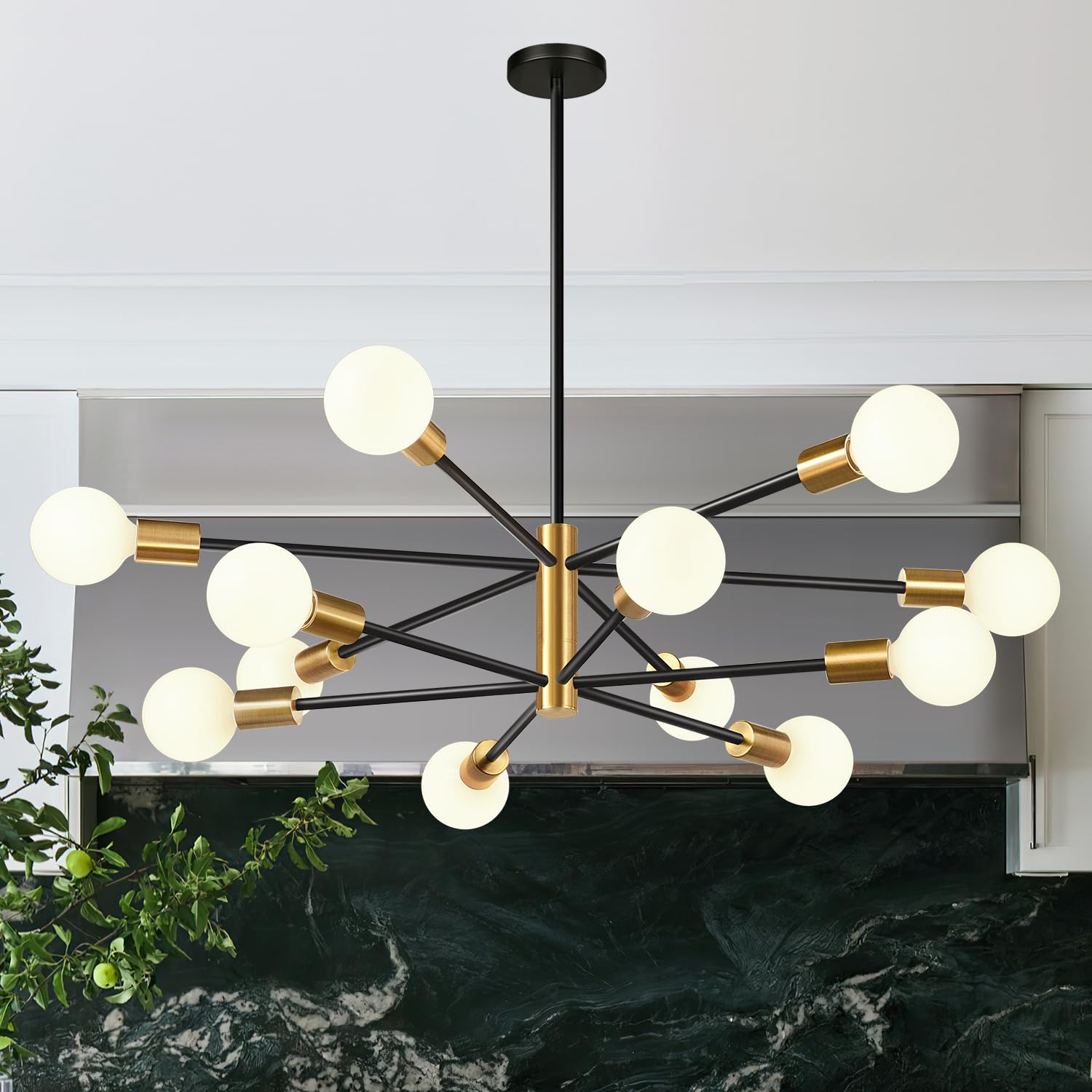 MQMQA 33in Modern Chandelier, 12-Light Sputnik Fixture, Height Adjustable, Black and Gold, Model L240083P12