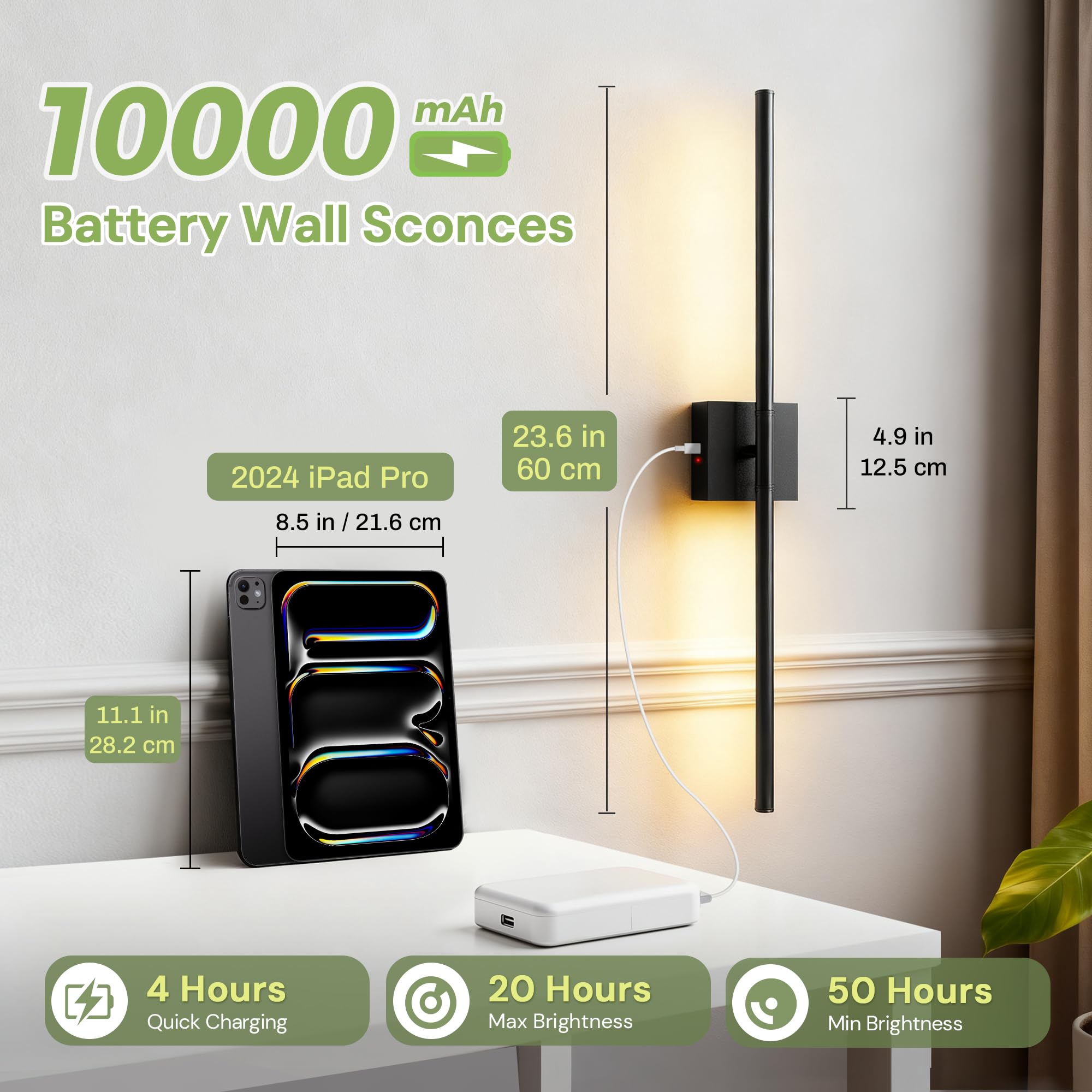 L Lohas Led Battery Operated Wall Sconces Set Of 2  Battery Wall Sconce 10000Mah  Black Rechargeable Sconces 3Cct  28.1 Inch Wireless Wall Lights  Sconce Wall Decor For Bedroom  Living Room