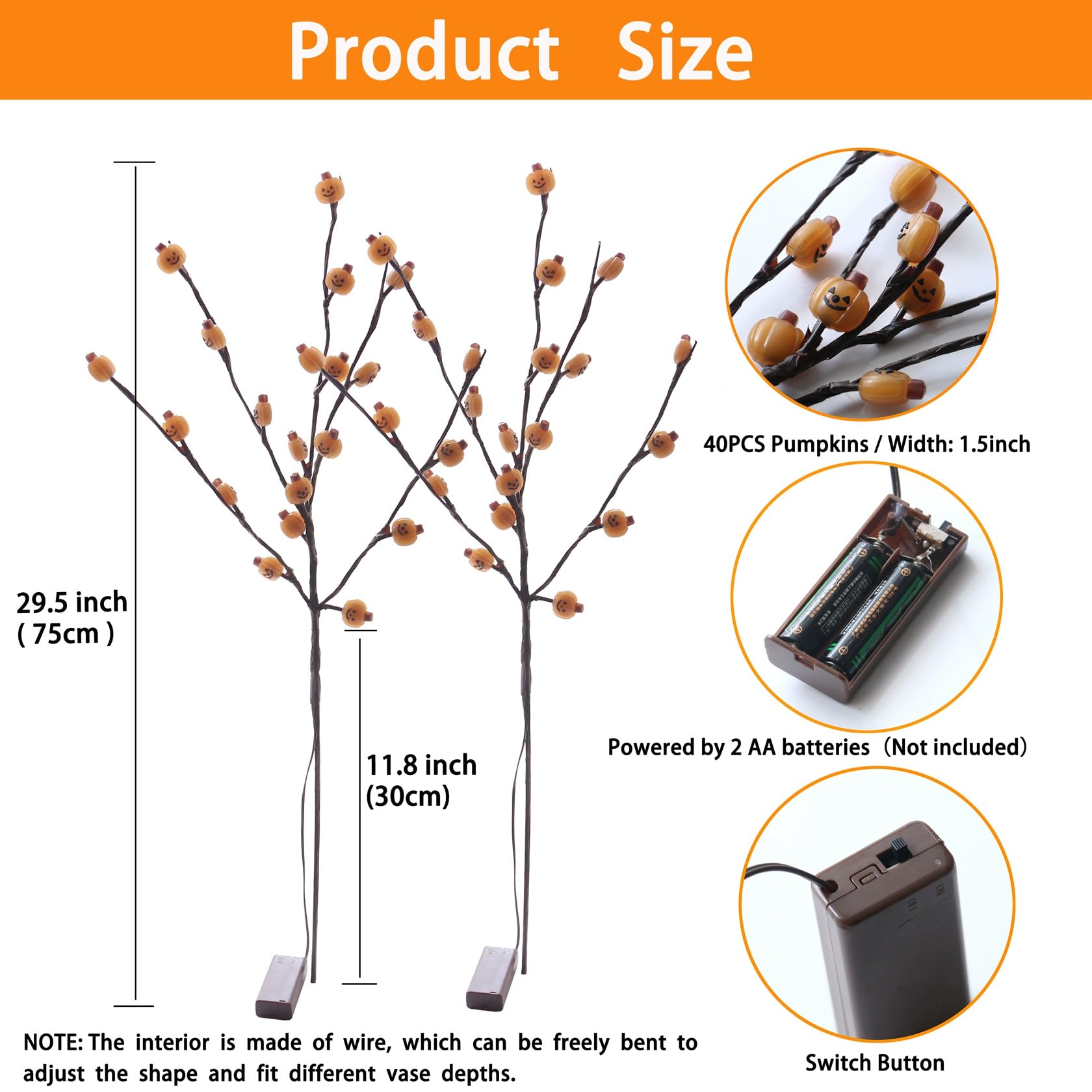 Halloween Lighted Tree Branches Decoration, Indoor Outdoor 2PCS Artificial Lit Twig Branch with Pumpkins Orange Fairy Lights, Ba