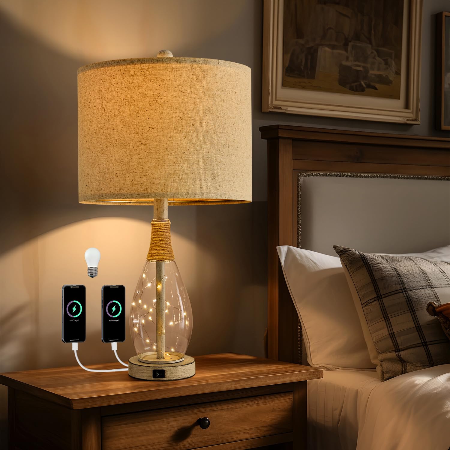 OYEARS 23'' USB A+C Table Lamp for Bedroom Living Room Modern Bedside Lamps Retro Farmhouse Rattan Glass Nightstand Nightlight L