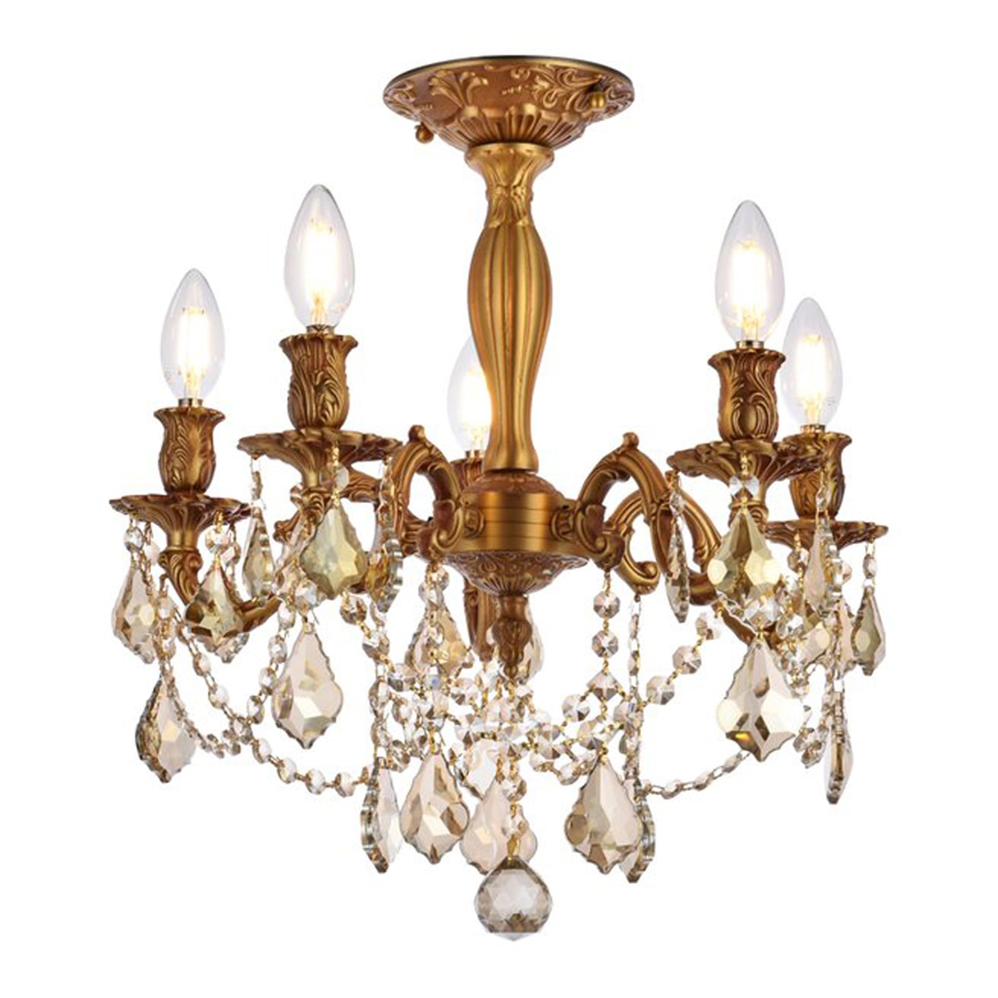 Elegant Lighting 5-Light Crystal Chandelier, 18inLx18inWx17inH, French Gold Finish, Model 9205F18FG-GT/RC, Smoky Golden Teak Cr
