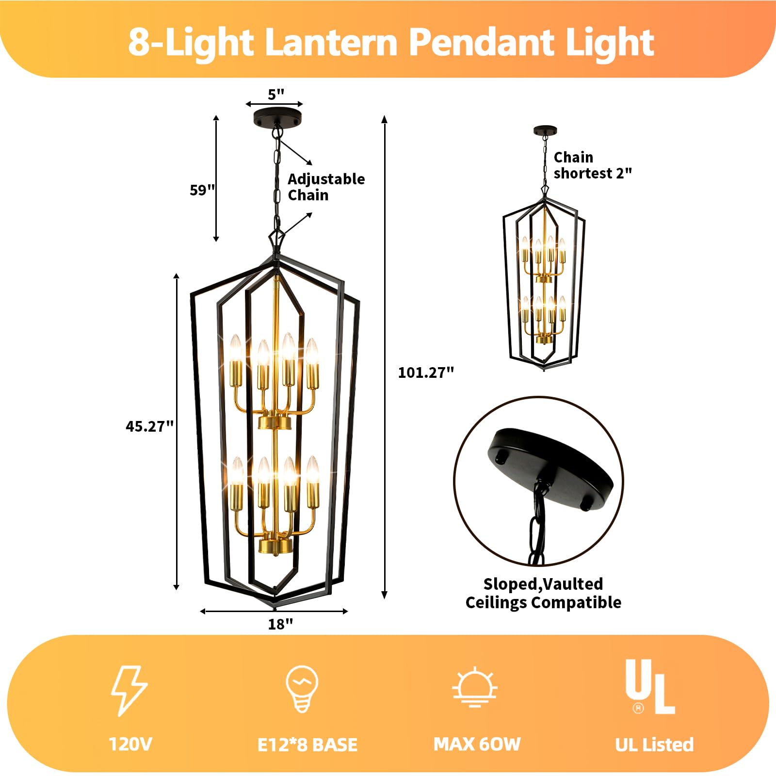 Farmhouse Chandelier Entryway High Ceiling: 8-Light Lantern Tiered Pendant Light Fixtures,Large Long Chandeliers For High Ceilin