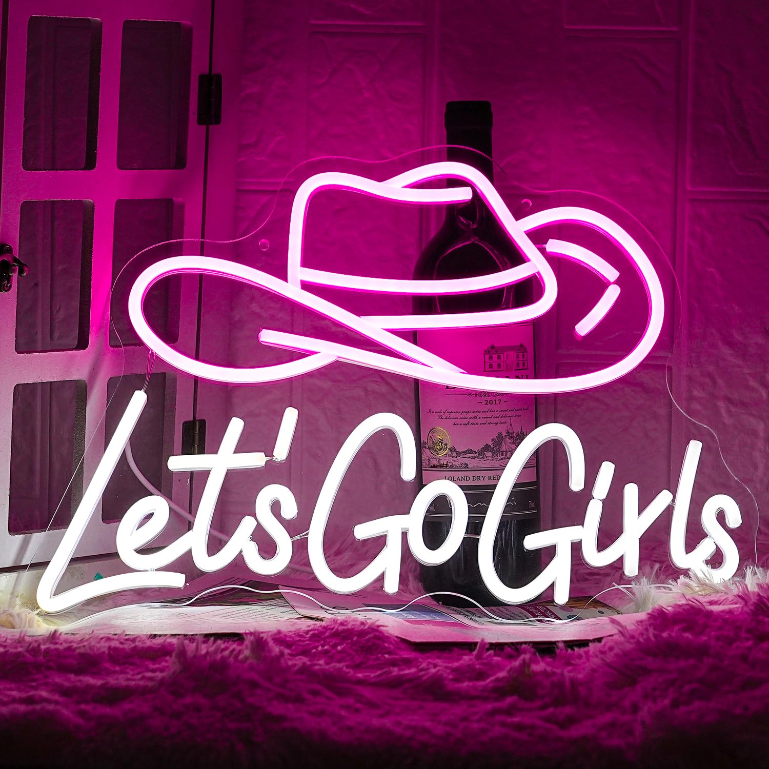 LMSIGNLY Neon Sign - Lets Go Girls Cowboy Hat LED Light, Dimmable, USB Powered, Pink & White for Wall Decor