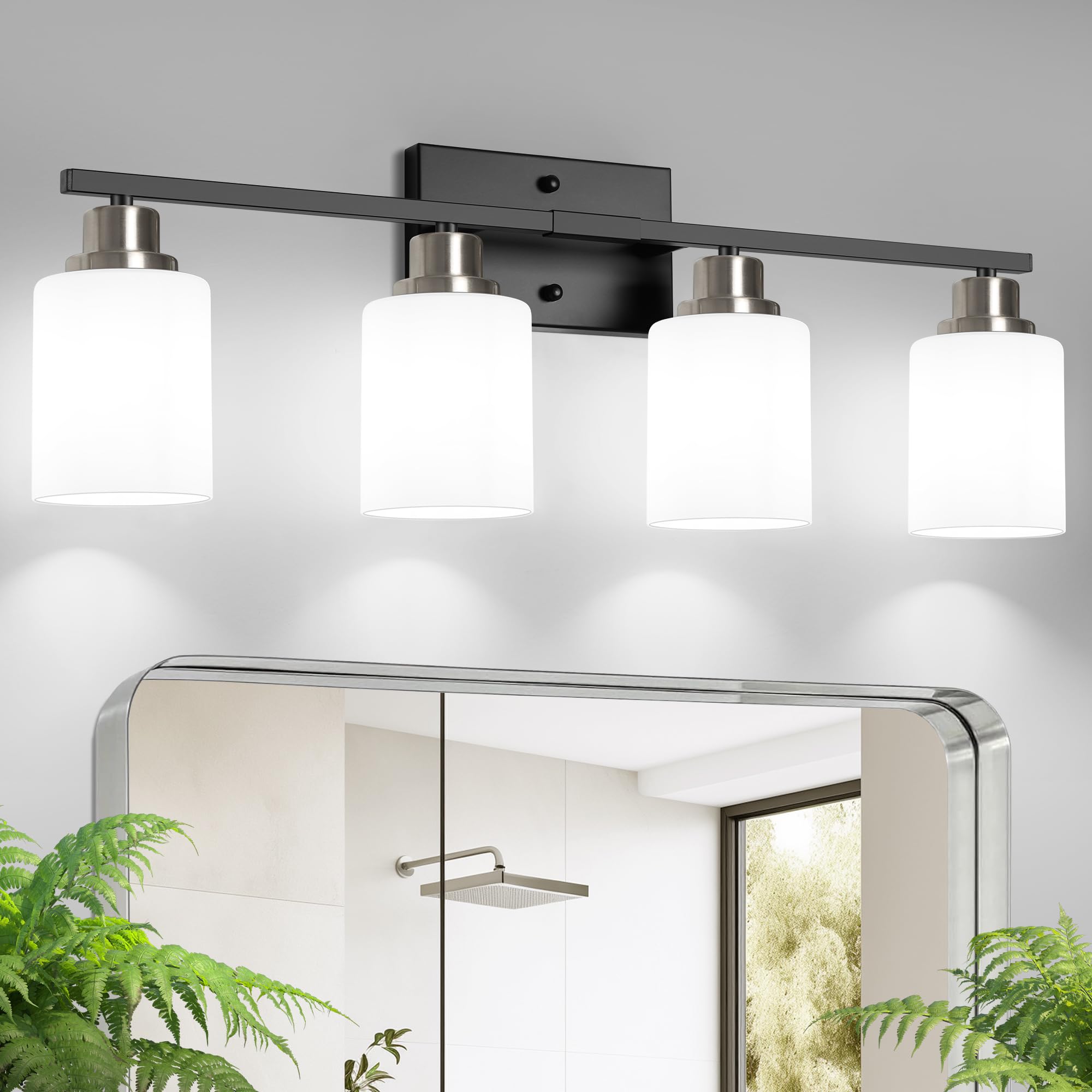 Ascher Bathroom Light Fixtures  4-Light Vanity Light Over Mirror  Black and Nickel Wall Sconces with Milky White Frosted Glass Shades  Wall Lamp for Living Room Bedroom  E26 Base(Bulbs Not Included)