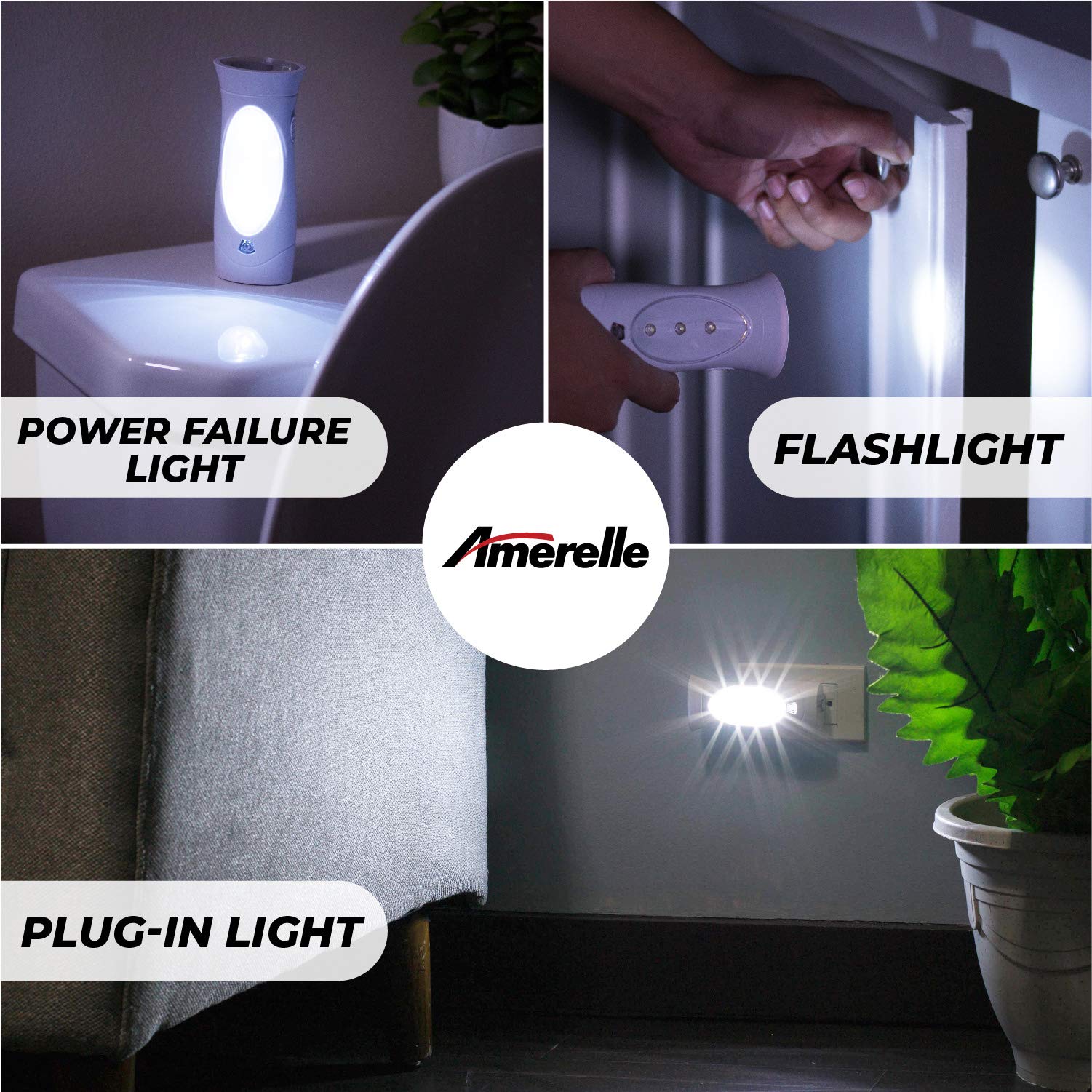 AMERELLE LED Emergency Power Failure Light & Plug-In Flashlight, Rechargeable Battery, White, Pack of 1, Model 71134