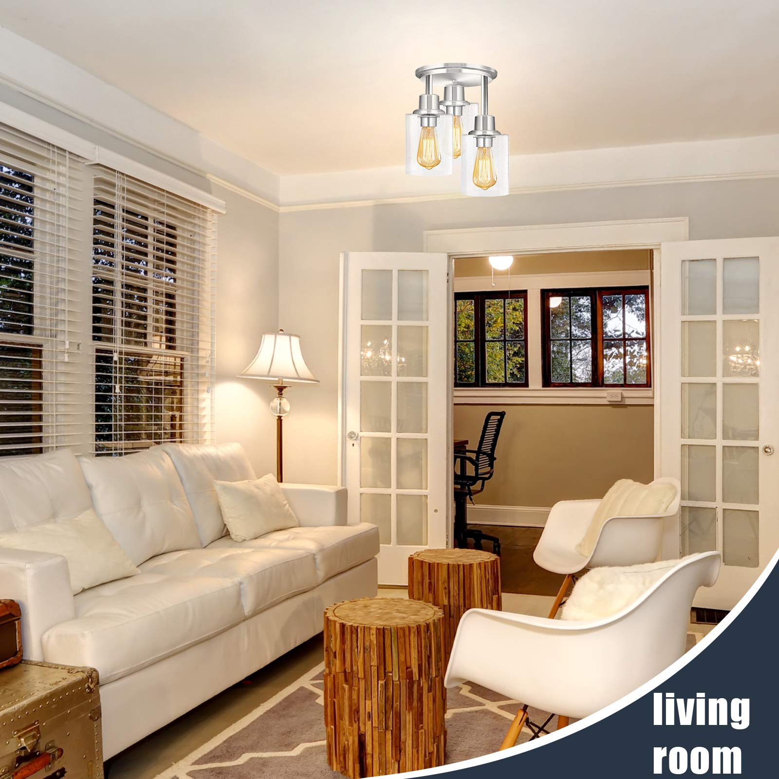 ROTTOGOON Semi Flush Mount Ceiling Light, 3-Light Fixture, Brushed Nickel Finish, Clear Seeded Glass Shade, Silver