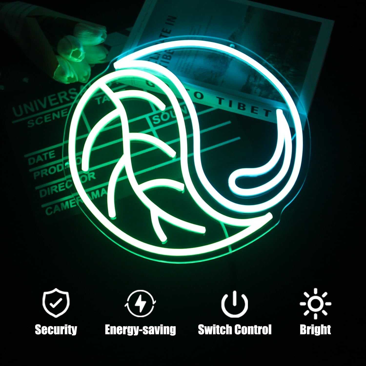 CKTBLEY Neon Sign - Yin Yang LED Light with Green Leaf & Blue Water Drop - Wall Decor for Bedroom, Living Room, Game Room