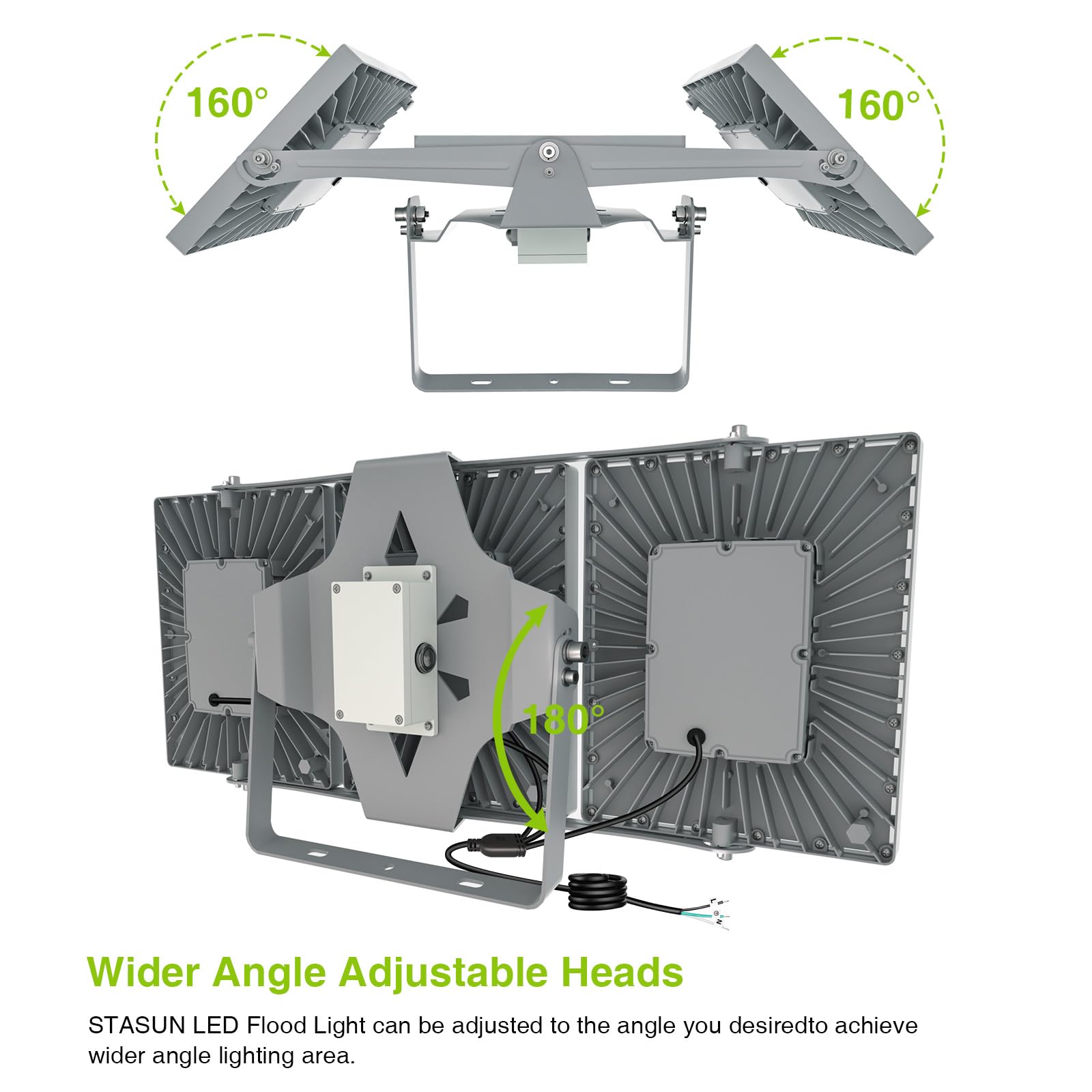 STASUN 900W LED Flood Light - 90000LM, Dusk to Dawn, IP66 Waterproof, 3-Head Multi-Angle, Gray, Model 20172