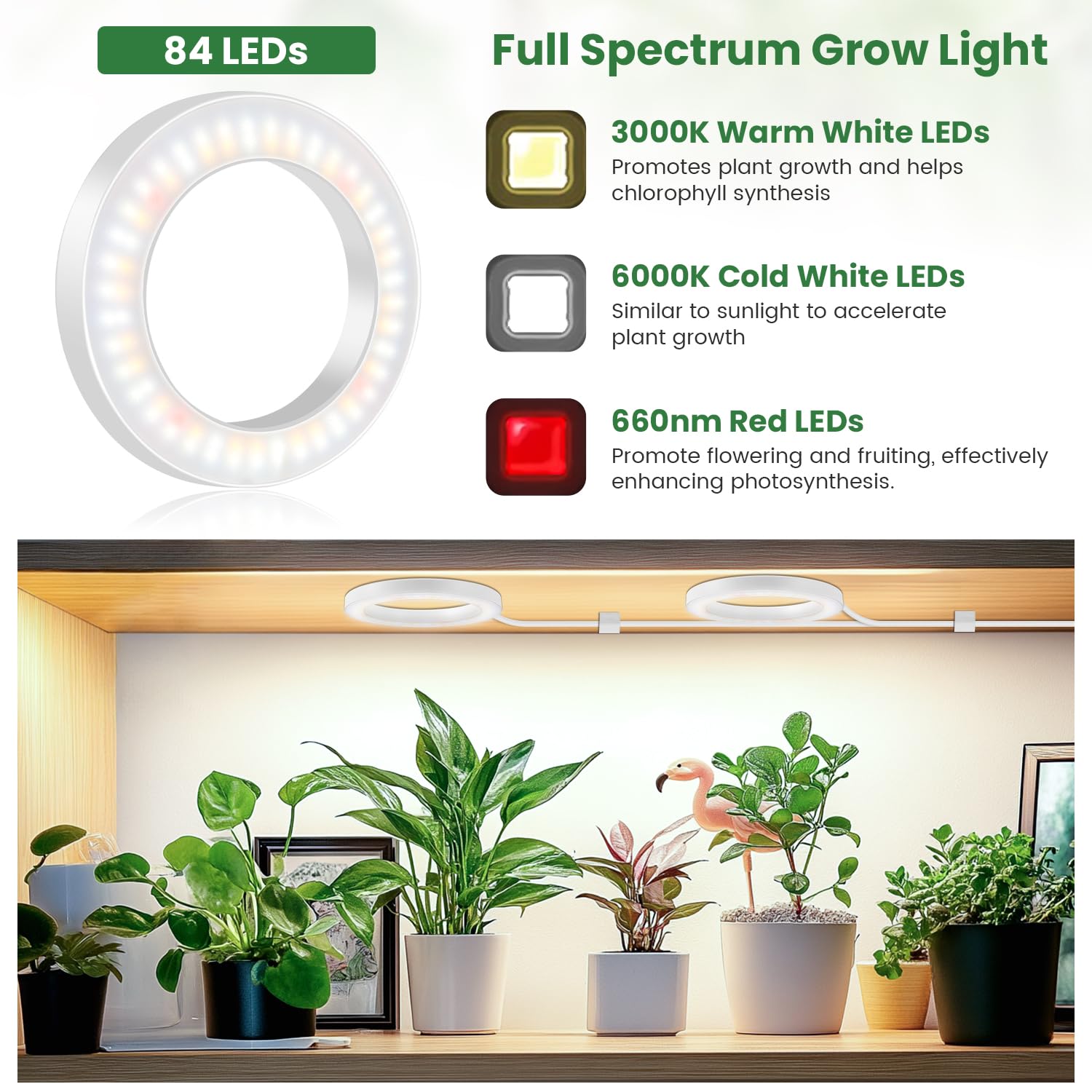 Kullsinss 6.3 Full Spectrum Grow Light for Indoor Plants, 84 LEDs, Timer, 3 Modes, 5 Brightness Levels, Under Cabinet Halo Light