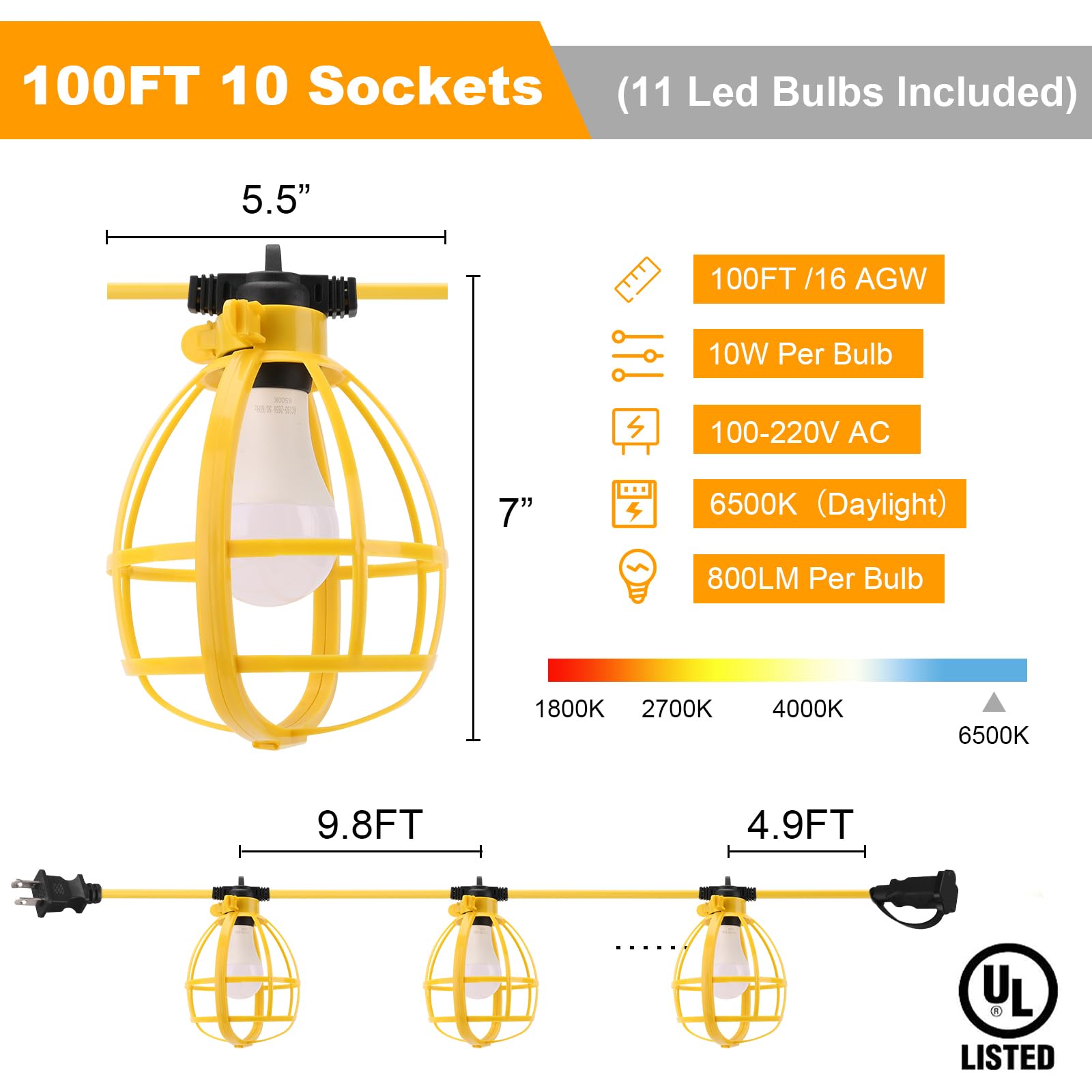 Yaoledly 100FT Construction String Lights - 100W, 11 Bulbs, IP65 Waterproof, 8000LM, 6500K for Indoor/Outdoor Job Sites, Yellow