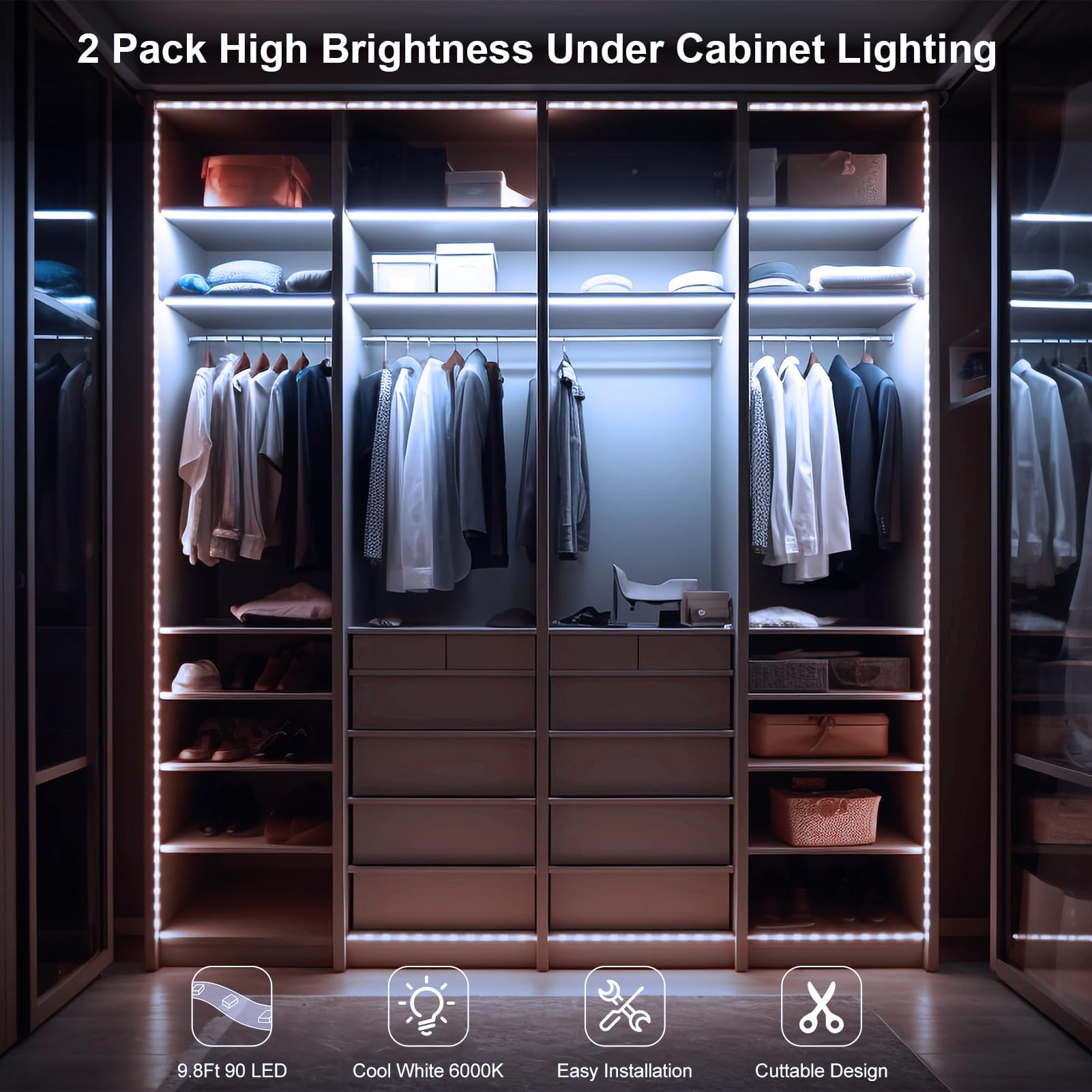 Bsglobal 2 Pack Battery Powered Led Strip Lights, High Brightness Led Strip Lights 9.8Ft 90 Led, Cuttable Under Counter Click Li