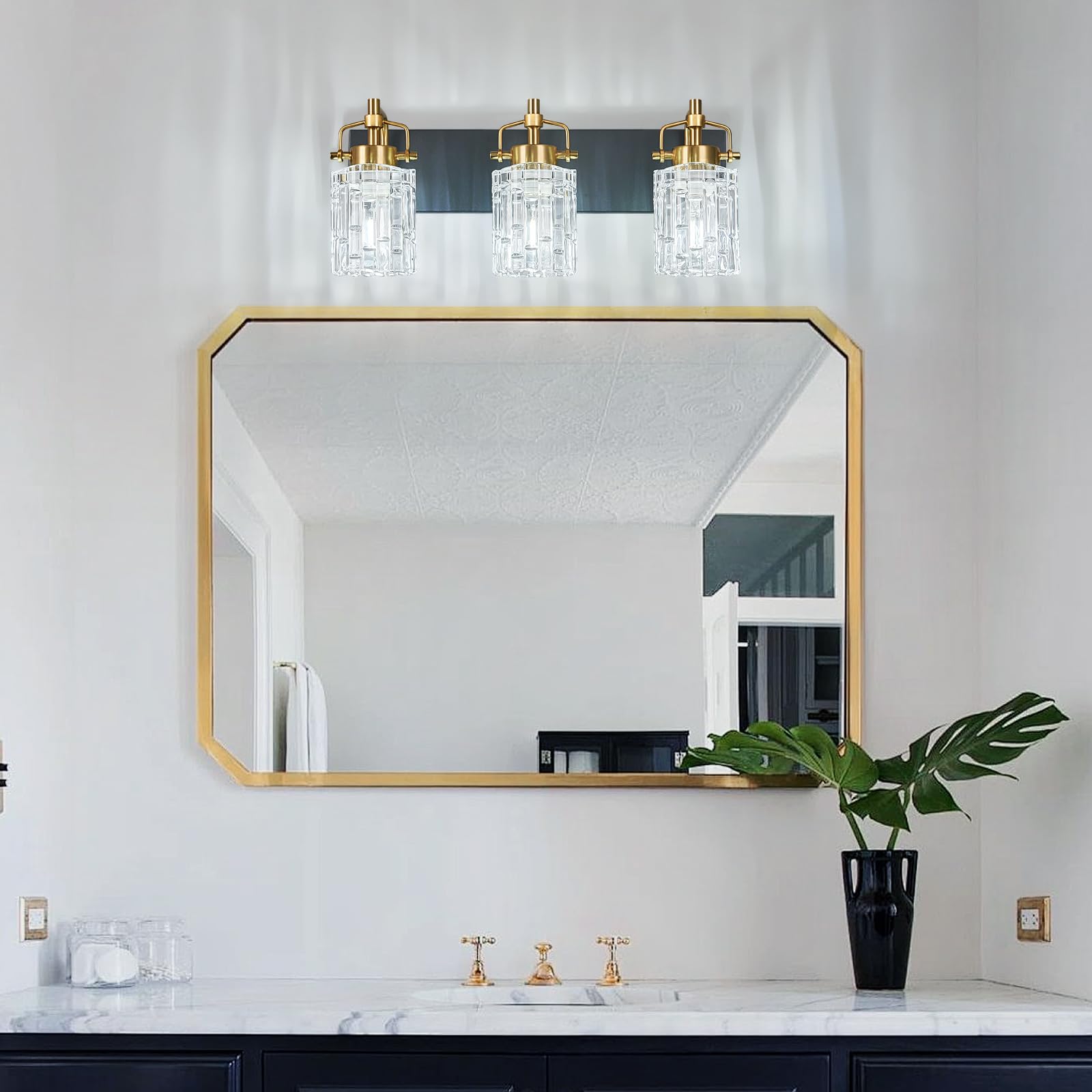 BNHHLZ 3-Light Bathroom Vanity Light Black Gold Crystal Shade Metal Fixture Model 4132