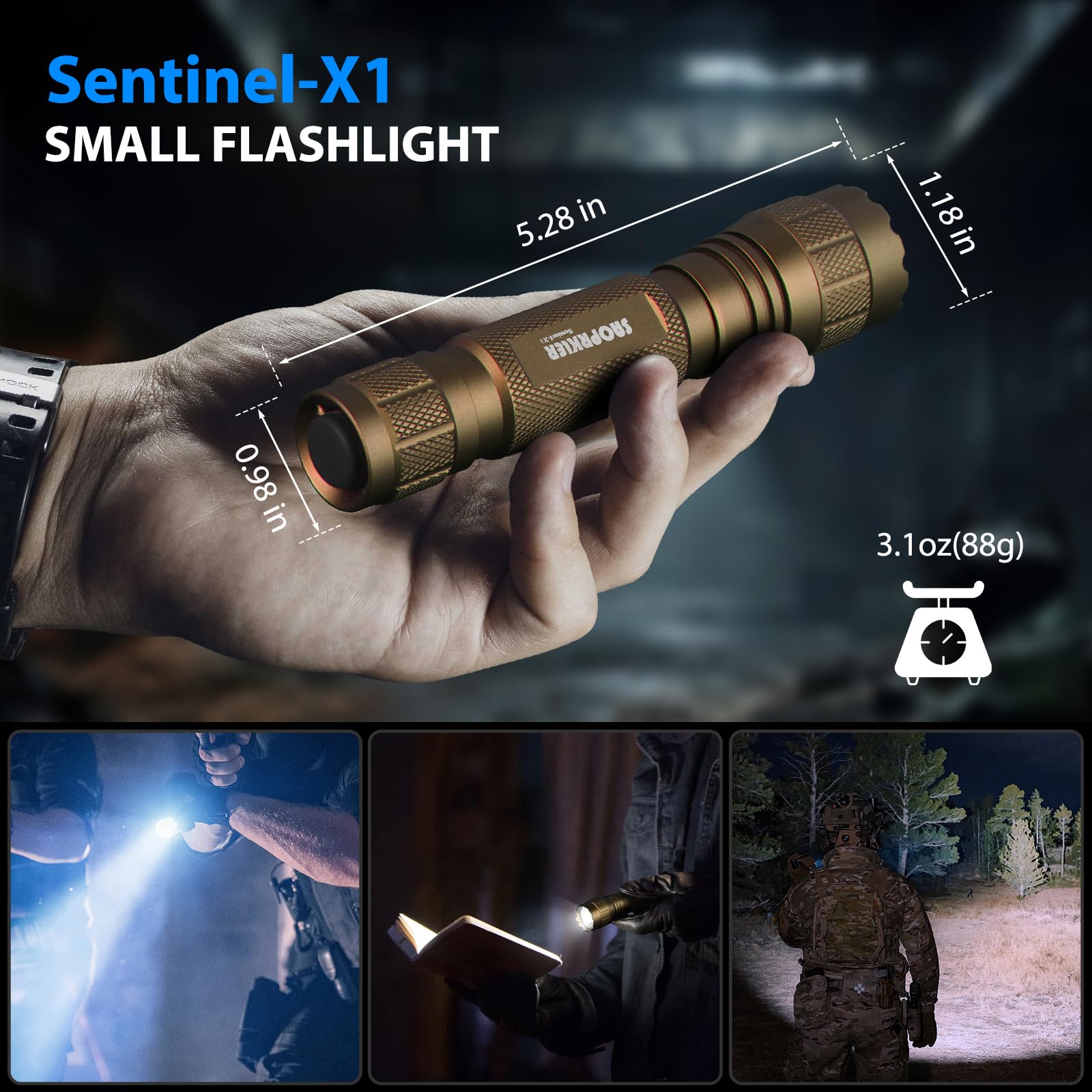 SAOPRKLER Tactical Flashlight Sentinel-X1, 1200 Lumen, Gray Aluminum, Duty Belt Flashlight for Law Enforcement with Holster