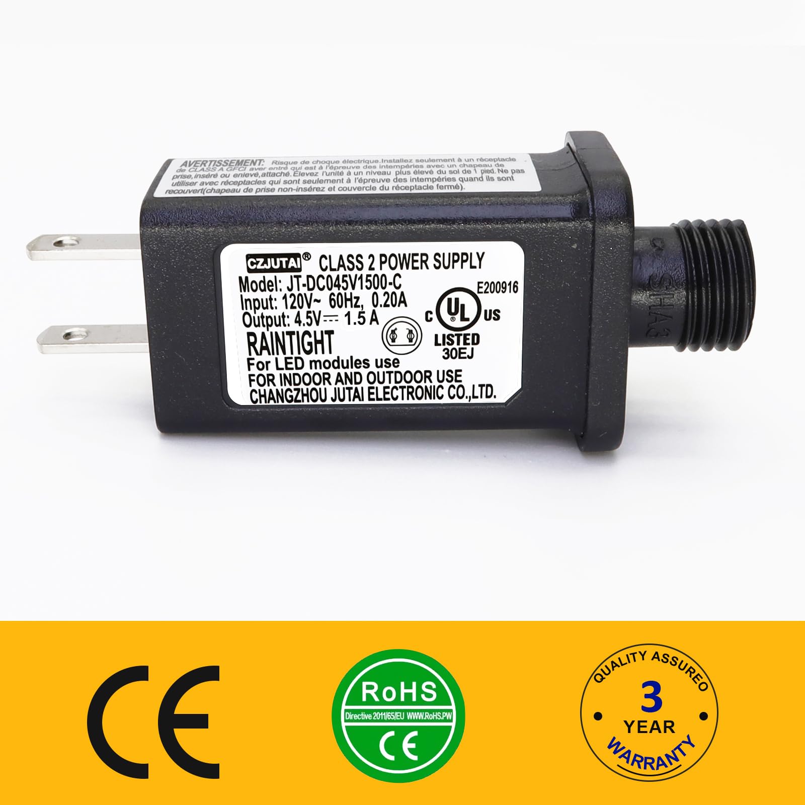PREMIER ADAPTER Low-Voltage LED Transformer 4.5V 1.5A, UL/CE Certified, Model CZJUTAI JT-DC045V1500-IP44,