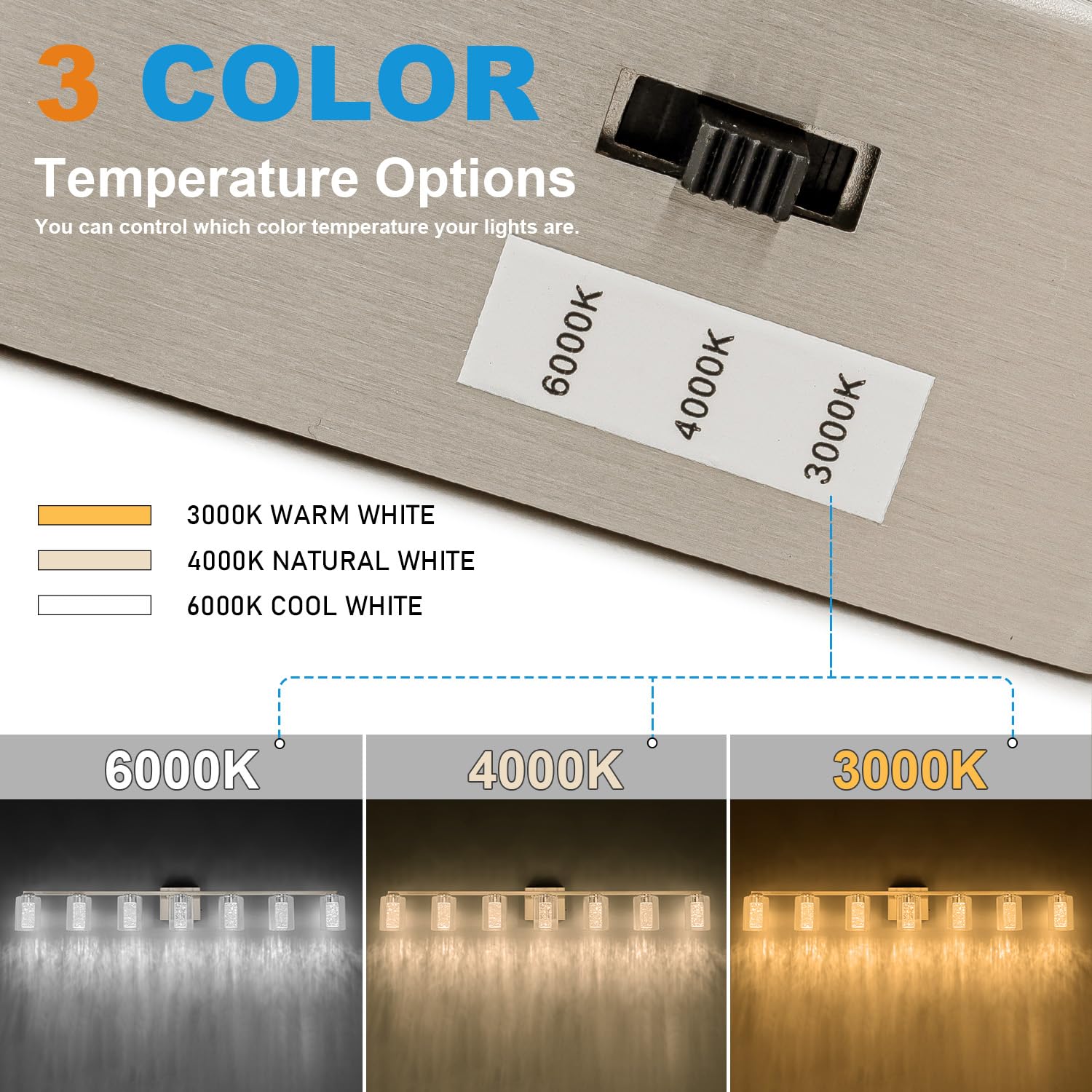 Sinerise 7-Light Brushed Nickel Vanity Light With 3 Color Modes (3000K/4000K/6000K), Eye Protection Led Bathroom Light Fixture,