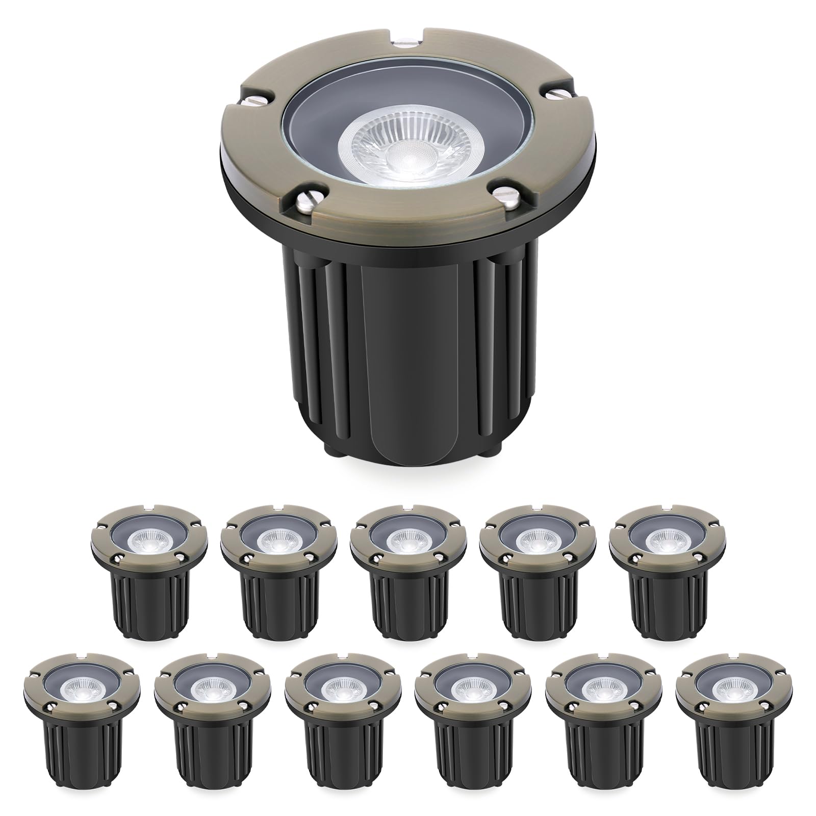 Gardencoin Brass Low Voltage Landscape Well Lights (5 Cover  5.5 Tall)  12V LED Wired In-Ground Outdoor Up Lighting Fixture Waterproof  Adjustable Beam Direction Base  Without MR16 Bulb (12 Pack)