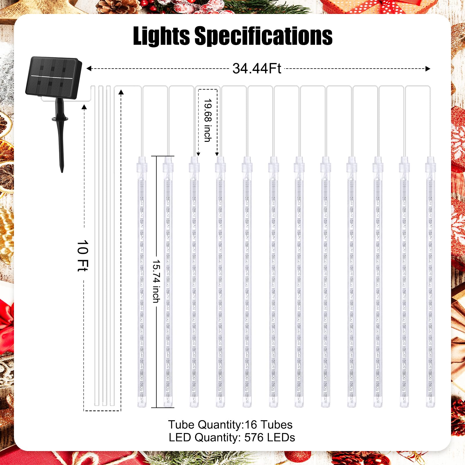 Brightown Solar Meteor Shower Lights - 576 LED, 16 Tubes, 16 Inches, Warm White, Plastic - Outdoor Christmas Decorations