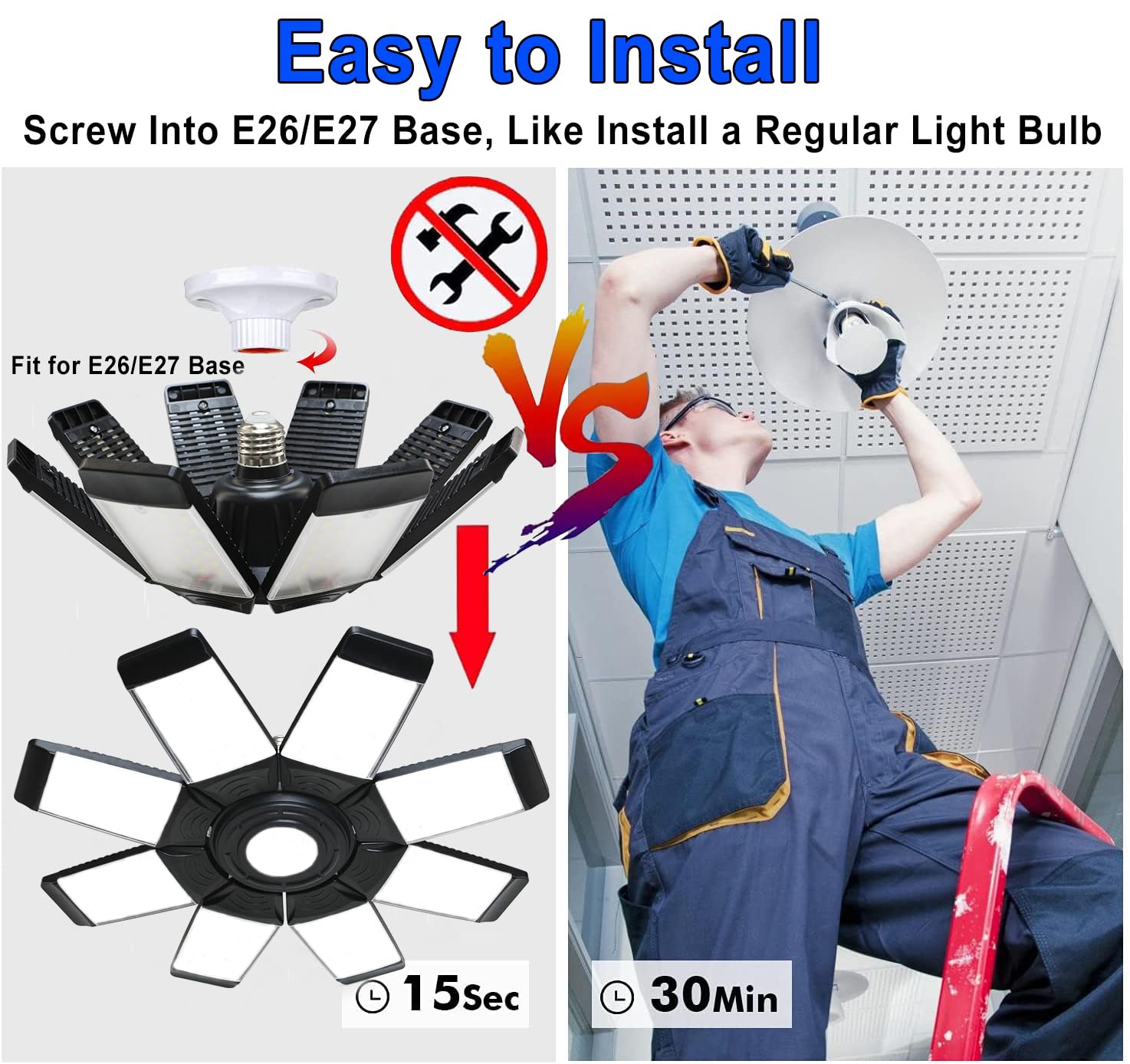 Meiqils 250W LED Garage Light, 25000 Lumen, 8+1 Adjustable Panels, 6500K Daylight, Black, 2Pack
