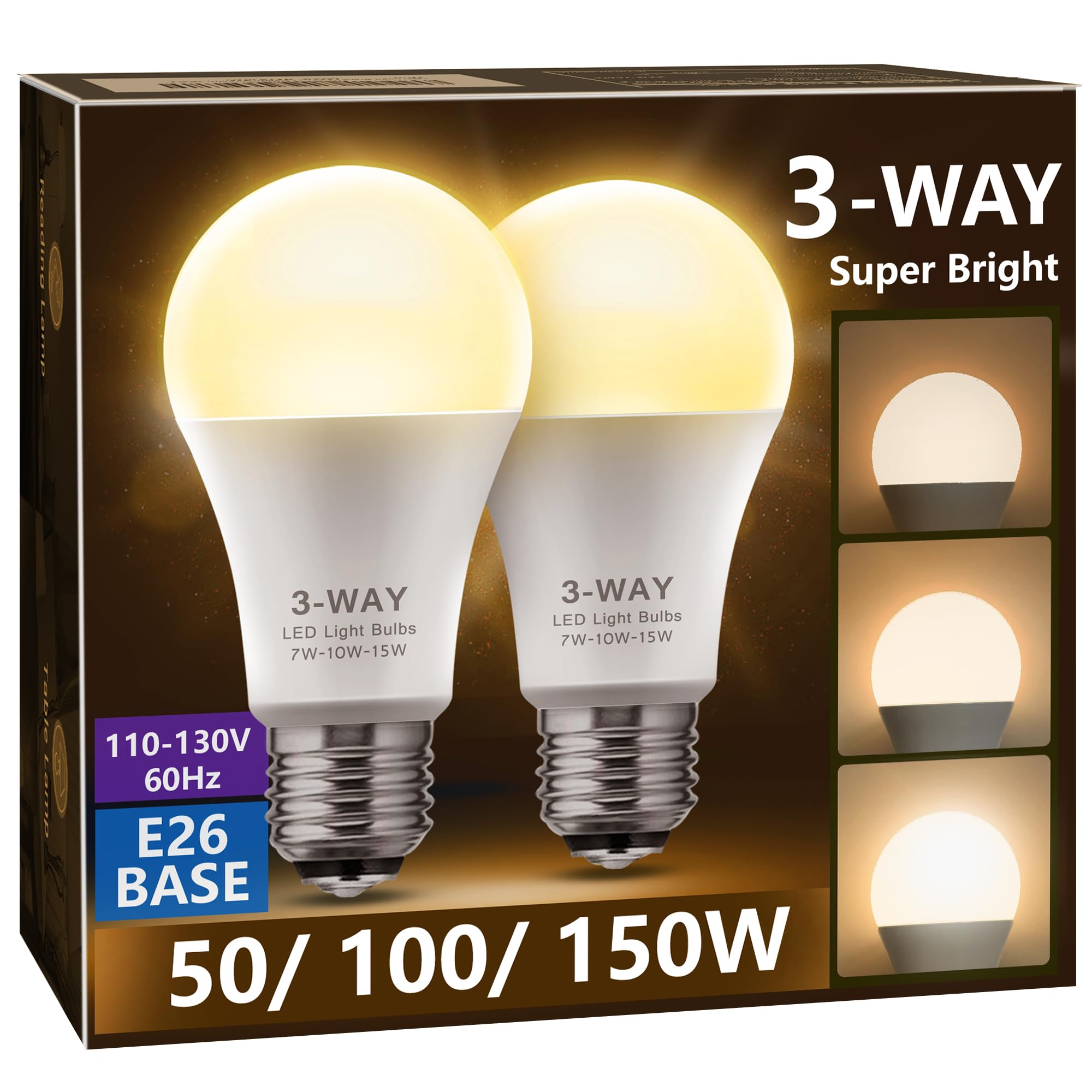 Briignite 3 Way Led Light Bulbs Soft White, 2 Pack, 3000K 50/100/150 Watt Equivalent, A19 Three Way Bulbs, E26 Base 3-Way Light 