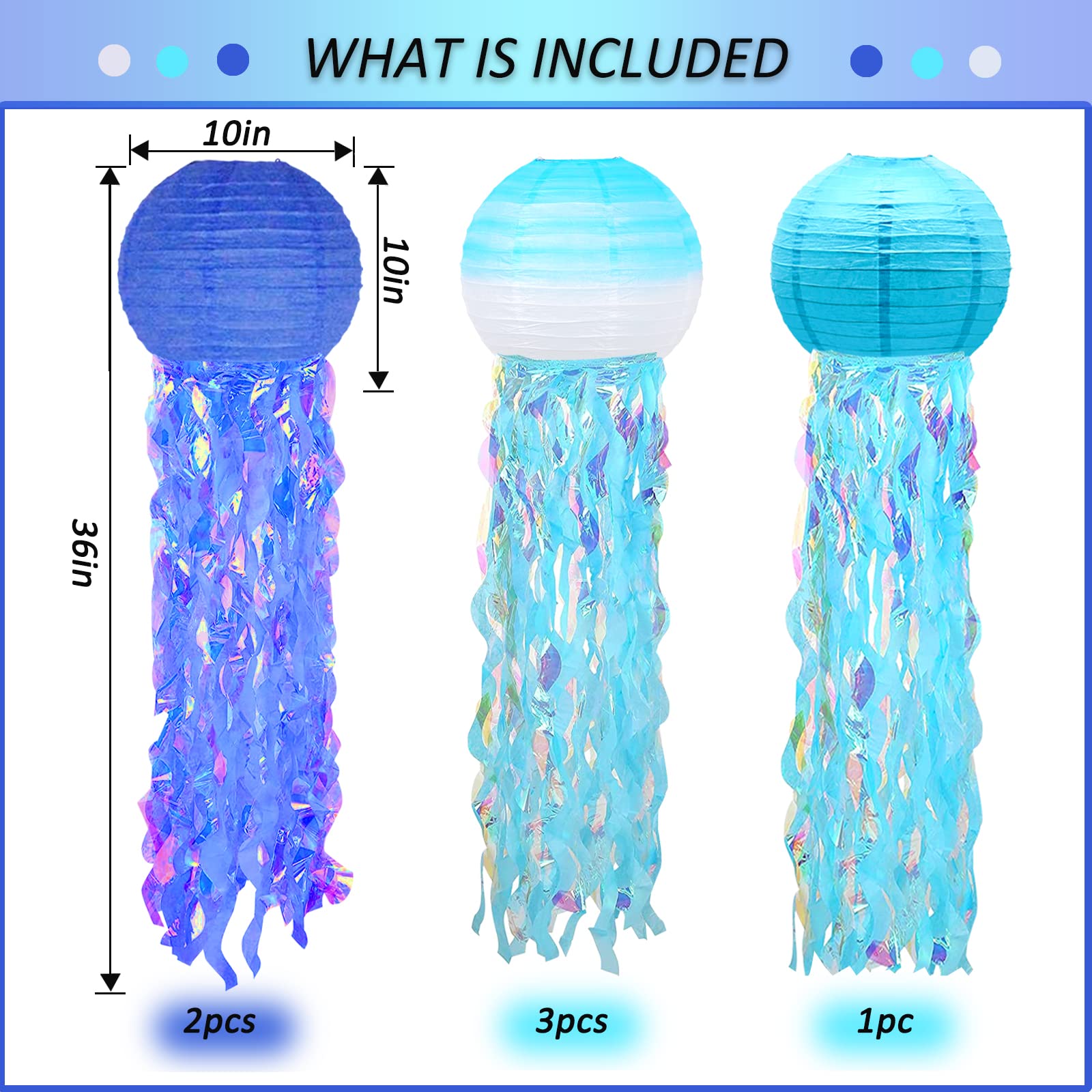 6 Packs Jellyfish Paper Lanterns Hanging Mermaid Wishes Lantern Gradient Blue Sky Blue Ocean Theme Party Supplies Great For Kids