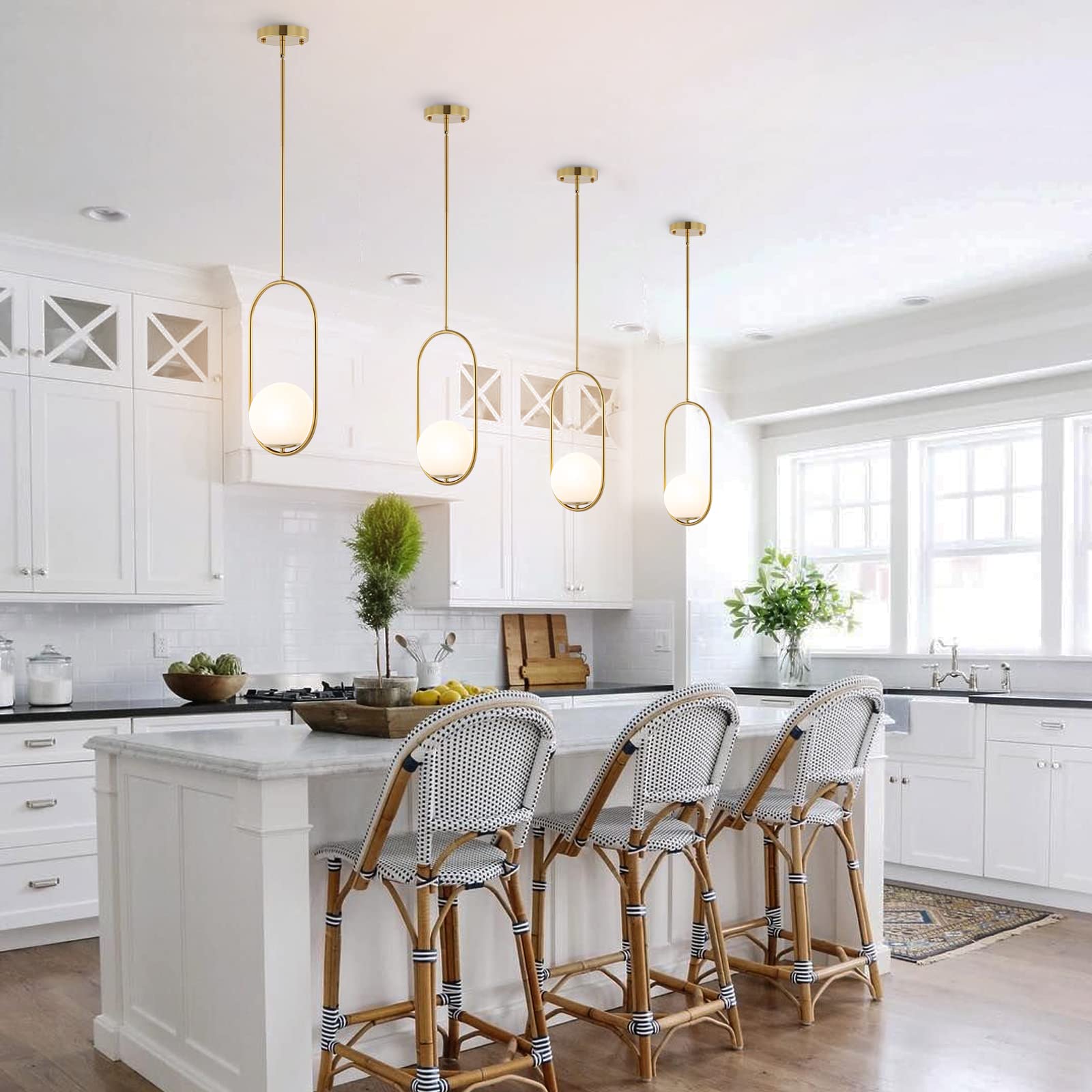 BYOLIIMA Modern Gold Globe Pendant Light, 1-Light Brushed Brass Chandelier with White Glass Shade for Kitchen Island & Dining Room