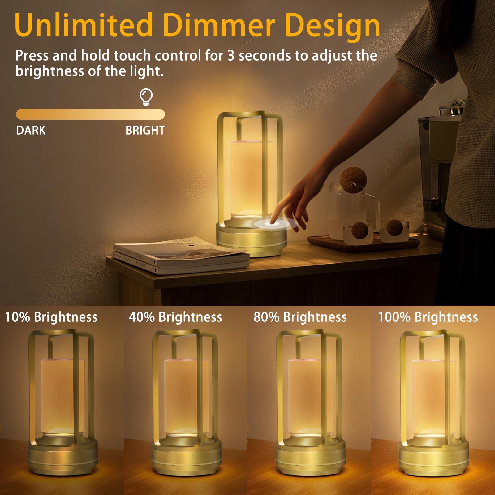 MEINV Cordless Rechargeable Table Lamp - Gold Small Crystal Lantern with Touch Control & 3 Color Dimming, Model CL001