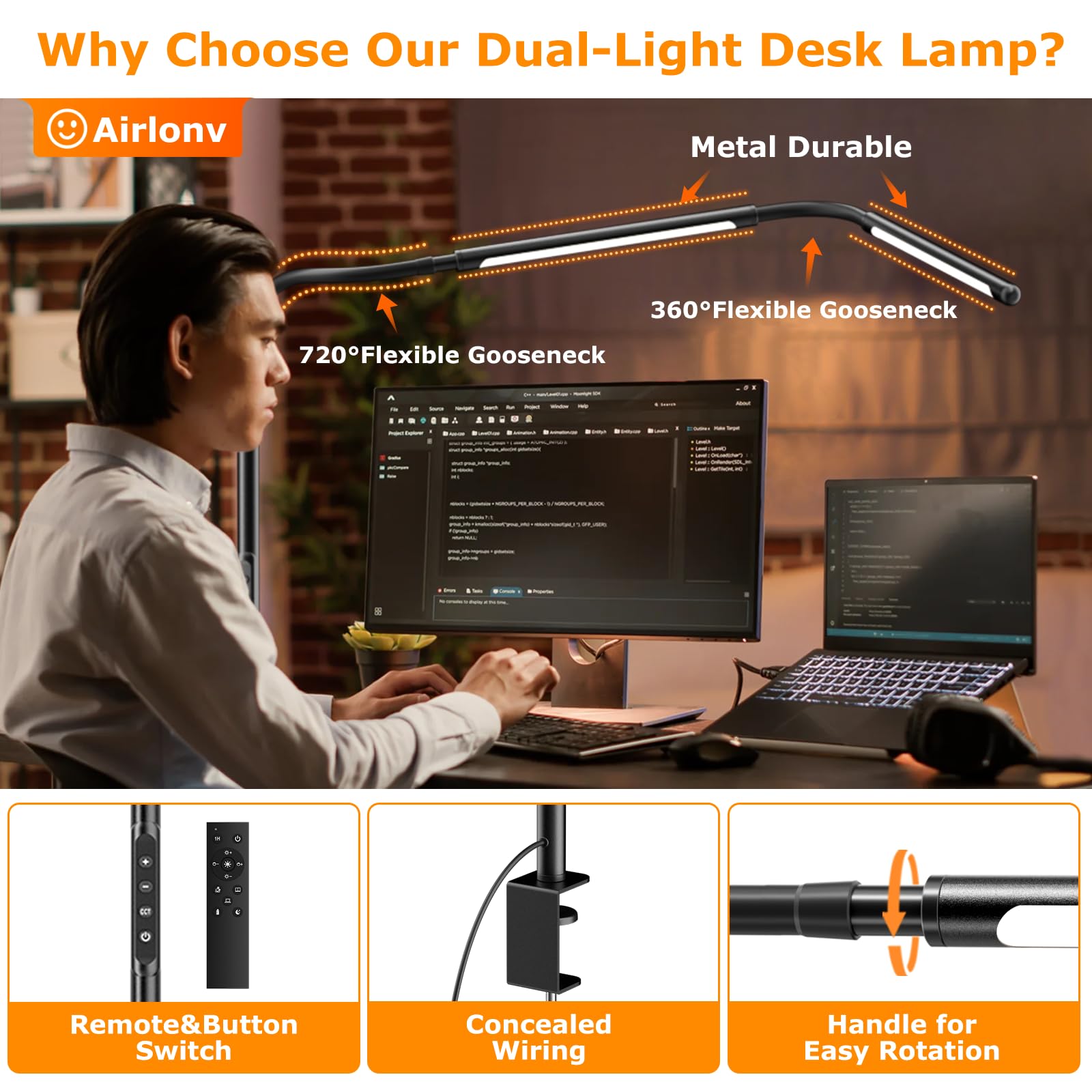 Led Desk Lamp For Home Office, Eye-Caring Desk Light With Adjustable Gooseneck, Dual Screen Computer Monitor Light With Stepless