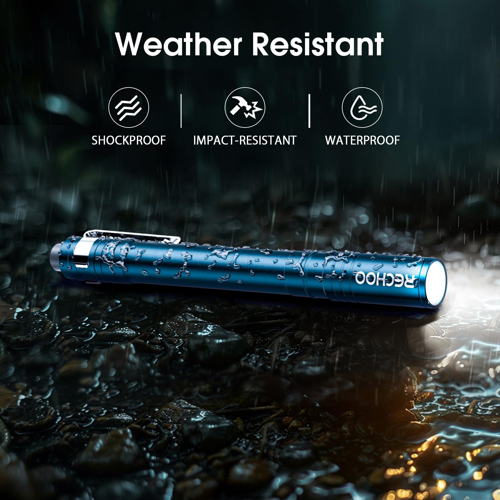 RECHOO LED Pen Flashlight, Waterproof, Aluminum, 4 Pack, Blue, Model SFL005